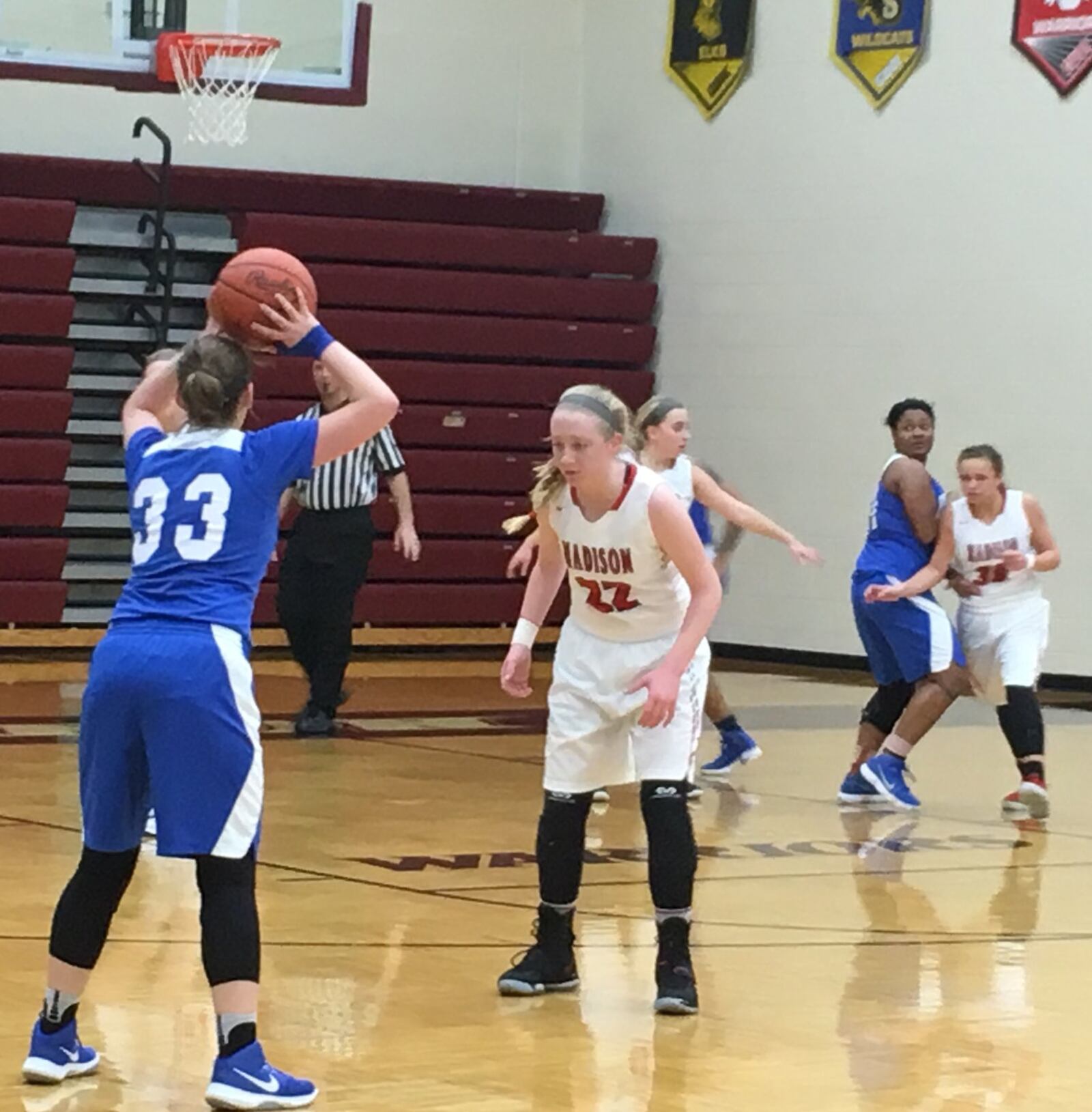 Dunbar’s Aria Cole (33) looks for an open teammate as Madison’s Lily Campbell (22) defends during Saturday’s Division II sectional game at Lebanon. RICK CASSANO/STAFF