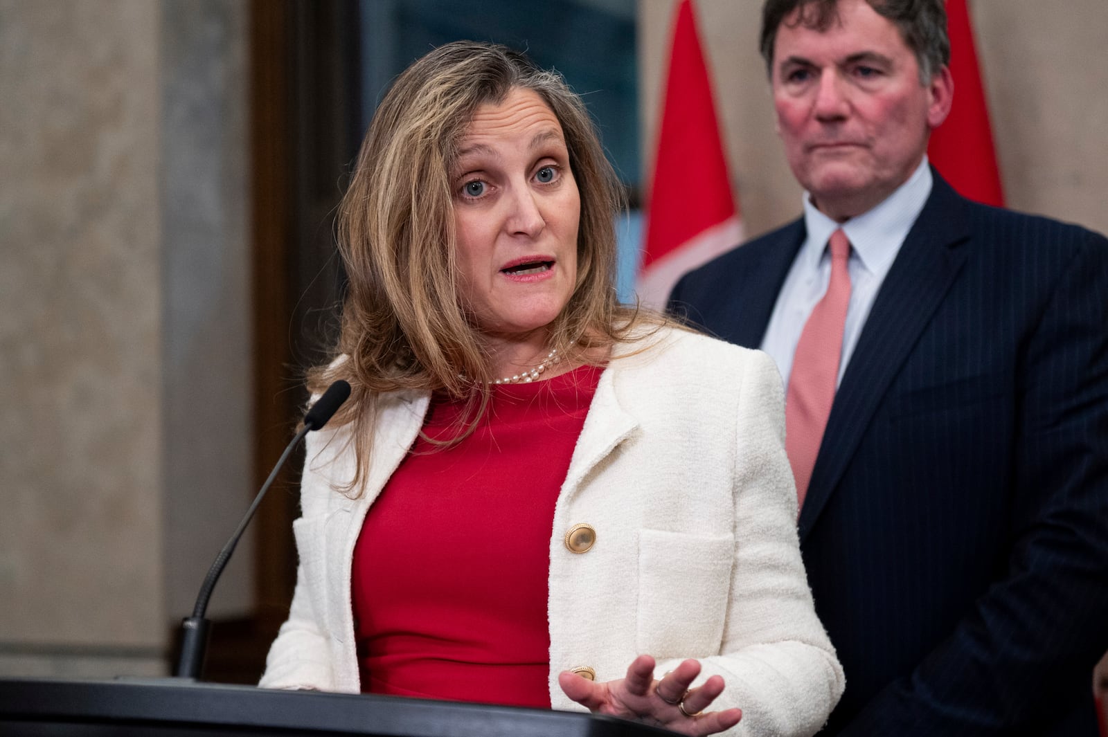 Minister of Finance and Deputy Prime Minister Chrystia Freeland delivers remarks on Parliament Hill in Ottawa, Ontario, Wednesday, Dec. 11, 2024. (Spencer Colby/The Canadian Press via AP)