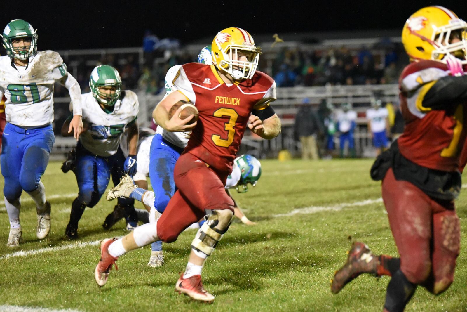 Fenwick’s Jack Fessler (3) finds his way down the field during a 28-7 triumph over Chaminade Julienne in a Division III, Region 12 playoff game Nov. 2 at Krusling Field in Middletown. CONTRIBUTED PHOTO BY ANGIE MOHRHAUS