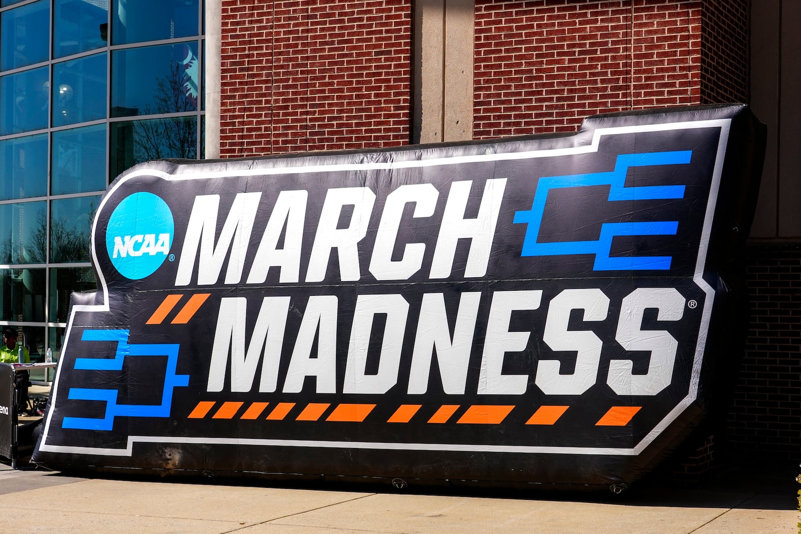 General view of the March Madness logo in from of the Colonial Life Arena prior to the first half of the South Carolina vs Indiana game in the second round of the NCAA college basketball tournament, Sunday, March 23, 2025, in Columbia, S.C. (AP Photo/David Yeazell)