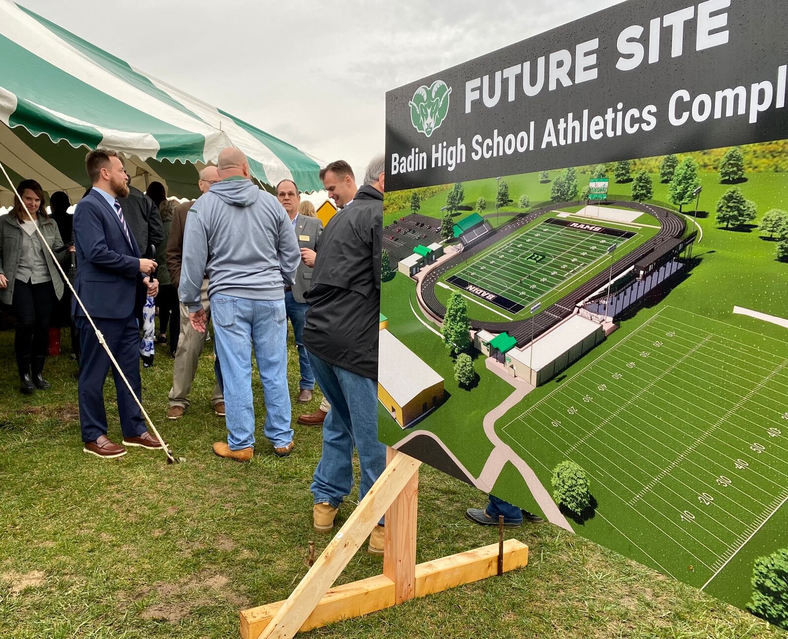 Badin High School and Hamilton city officials ceremony broke ground on Tuesday late afternoon, March 5, 2024, on the $15 million athletic stadium project on the Butler County Catholic school’s campus. Photo By Michael D. Clark\Journal-News Contributor