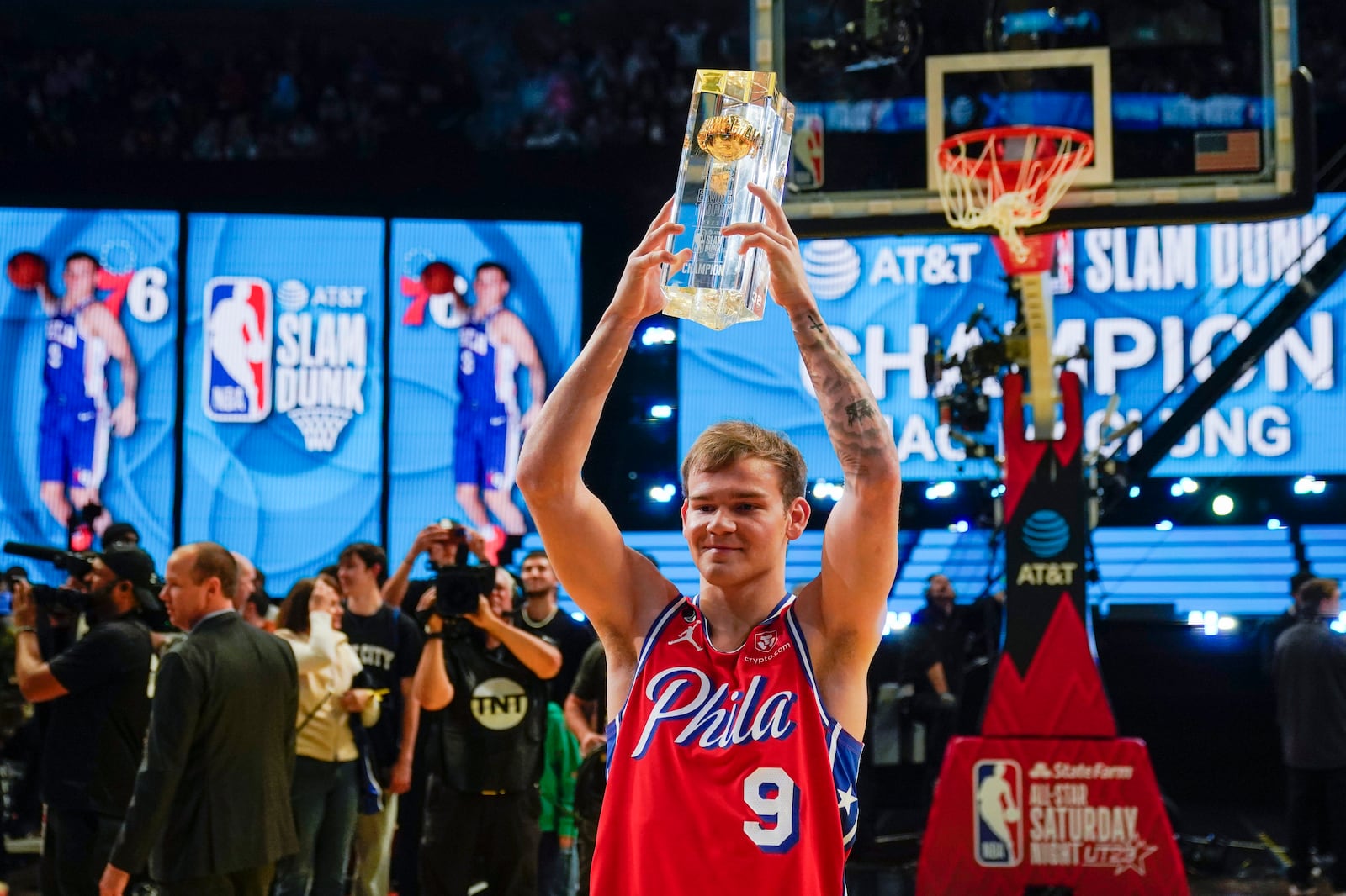 FILE - Mac McClung of the Philadelphia 76ers reacts after winning the slam dunk competition of the NBA basketball All-Star weekend Saturday, Feb. 18, 2023, in Salt Lake City. (AP Photo/Rick Bowmer)