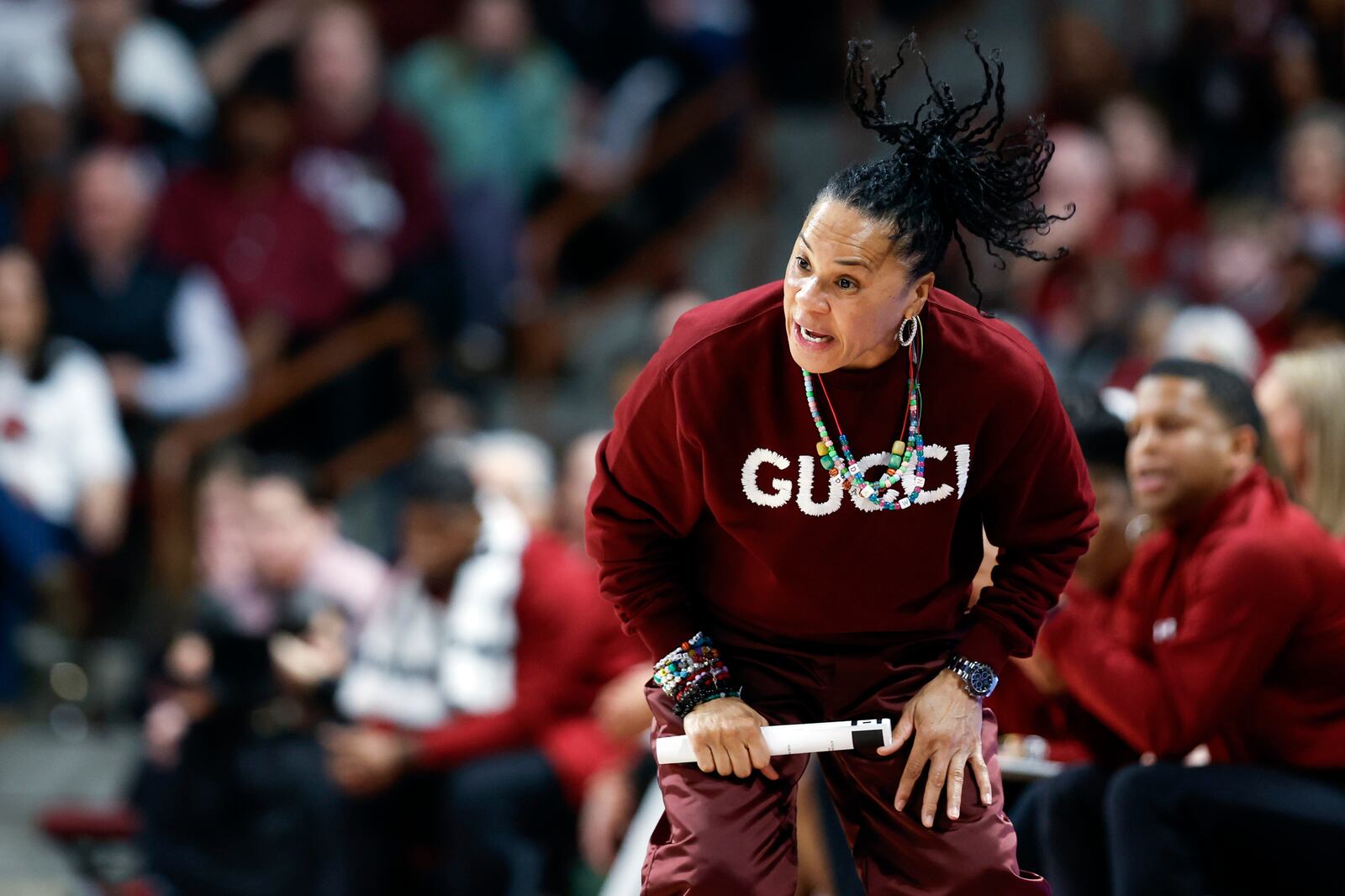 South Carolina head coach Dawn Staley reacts during the first half of an NCAA college basketball game against LSU in Columbia, S.C., Friday, Jan. 24, 2025. (AP Photo/Nell Redmond)