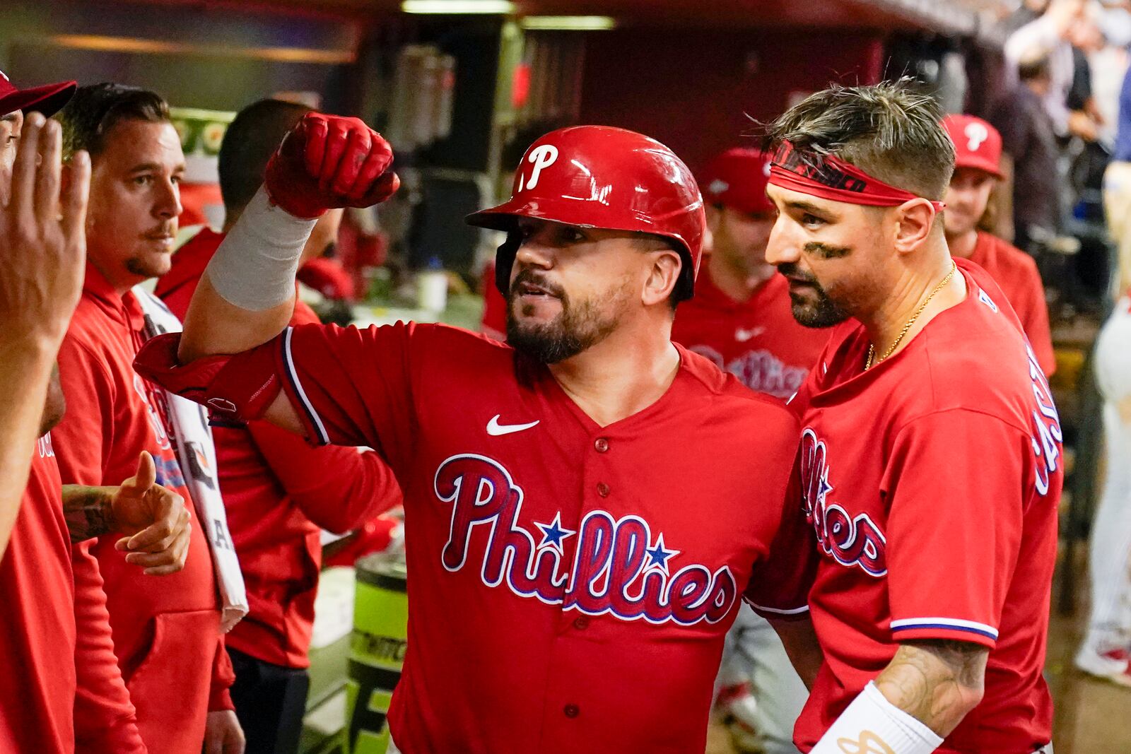 Philadelphia Phillies' Kyle Schwarber celebrates a home run against the Arizona Diamondbacks during the sixth inning in Game 5 of the baseball NL Championship Series in Phoenix, Saturday, Oct. 21, 2023. (AP Photo/Brynn Anderson)