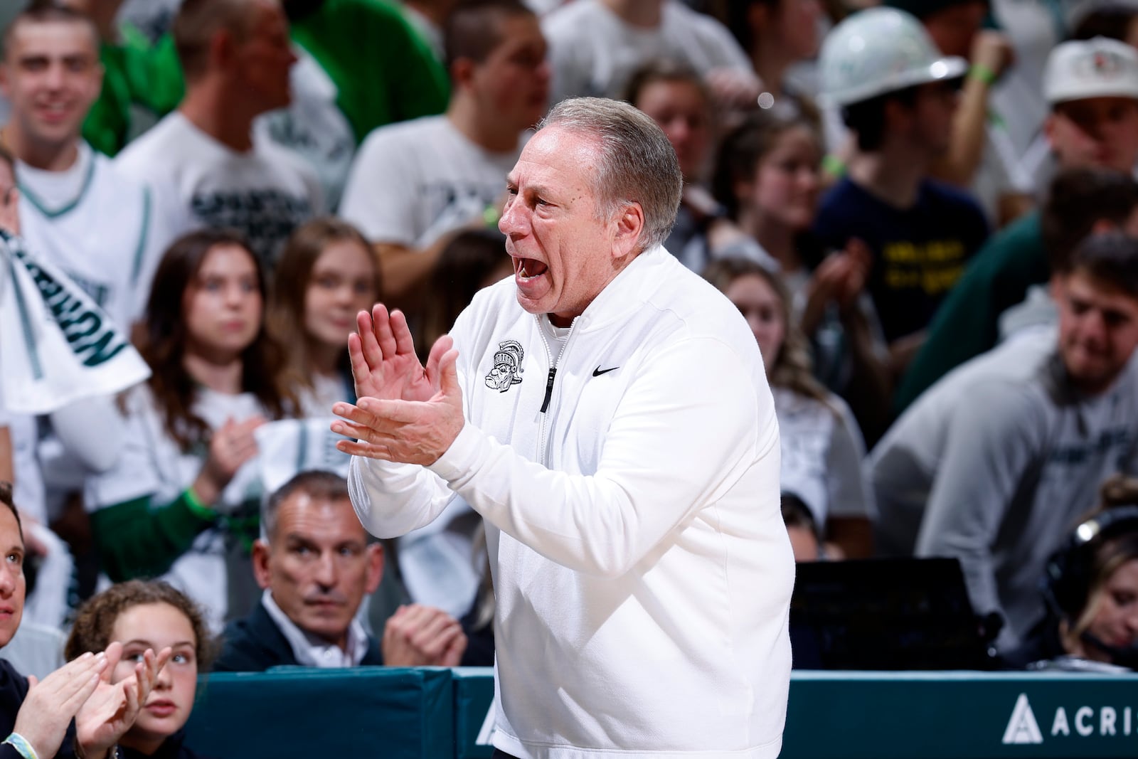 Michigan State coach Tom Izzo reacts during the first half of an NCAA college basketball game against Michigan, Sunday, March 9, 2025, in East Lansing, Mich. (AP Photo/Al Goldis)