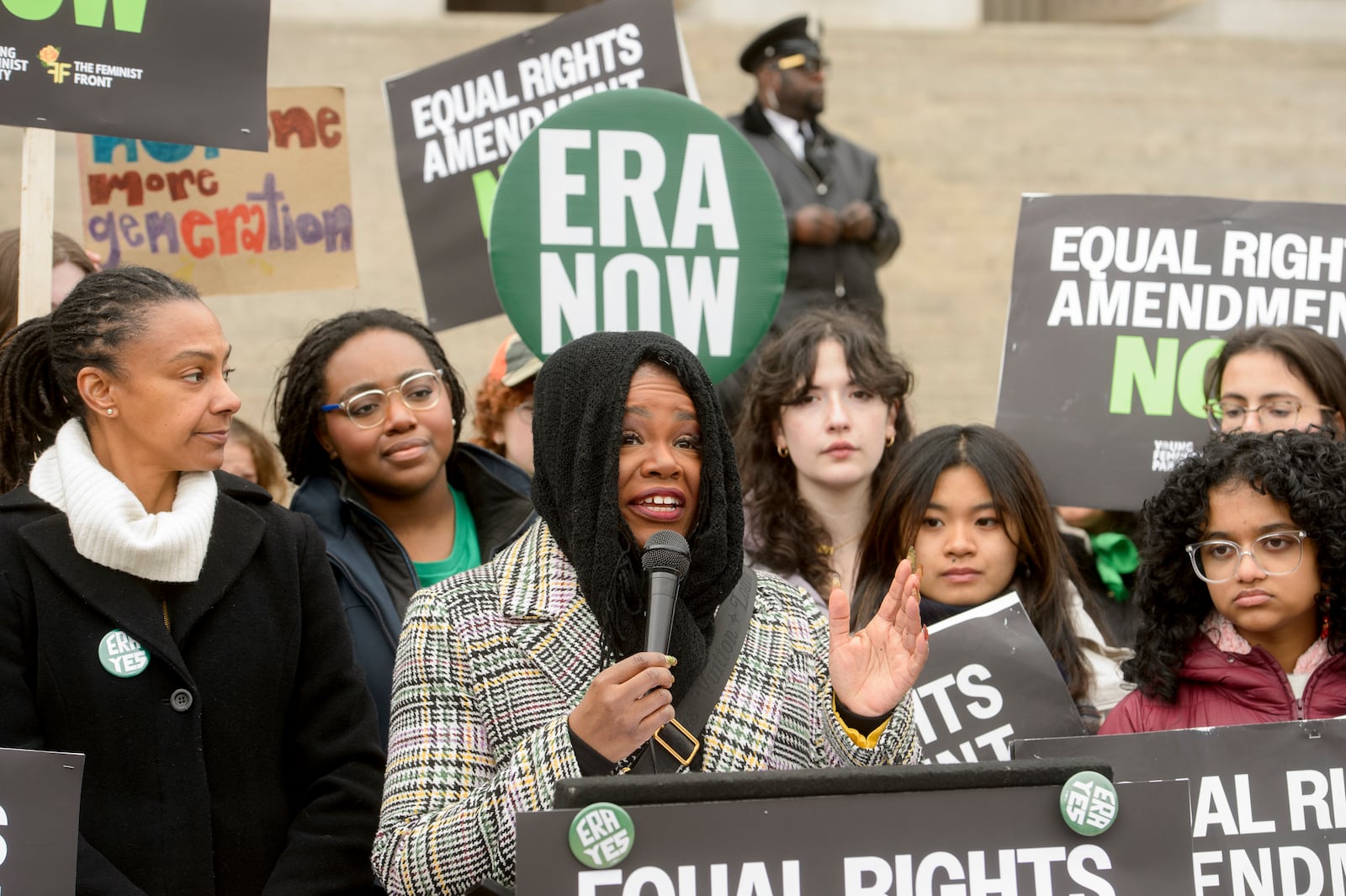 Former Rep. Cori Bush, D-Mo., speaks during a rally in front of the National Archives to highlight President Joe Biden's decision to declare the Equal Rights Amendment (ERA) as the 28th Amendment to the United States Constitution, Friday, Jan. 17, 2025, in Washington. (AP Photo/Rod Lamkey, Jr.)