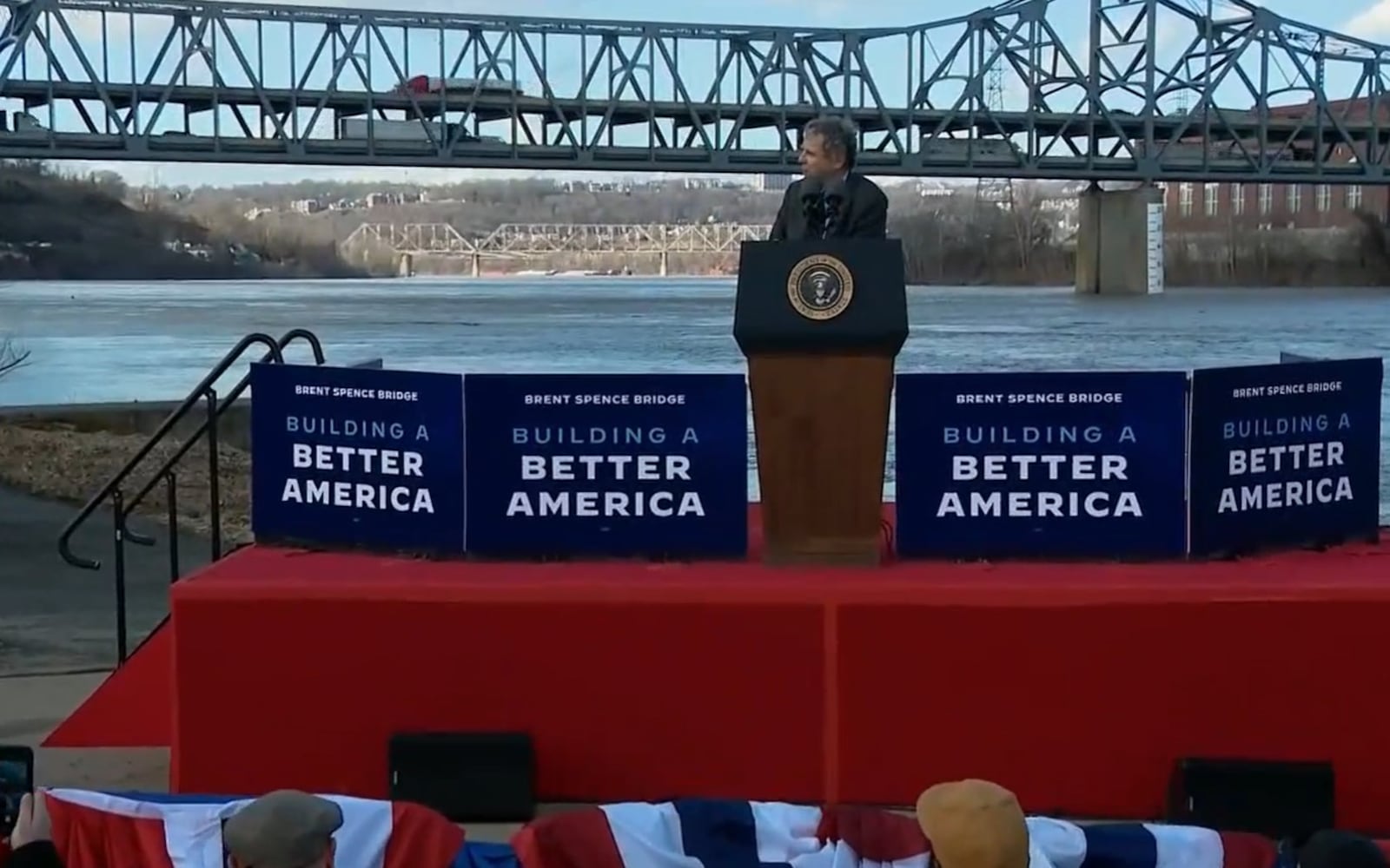 U.S. Senator Sherrod Brown speaks bear the base of the Brent Spence Bridge in Covington, Ky. Jan. 4, 2023. CONTRIBUTED