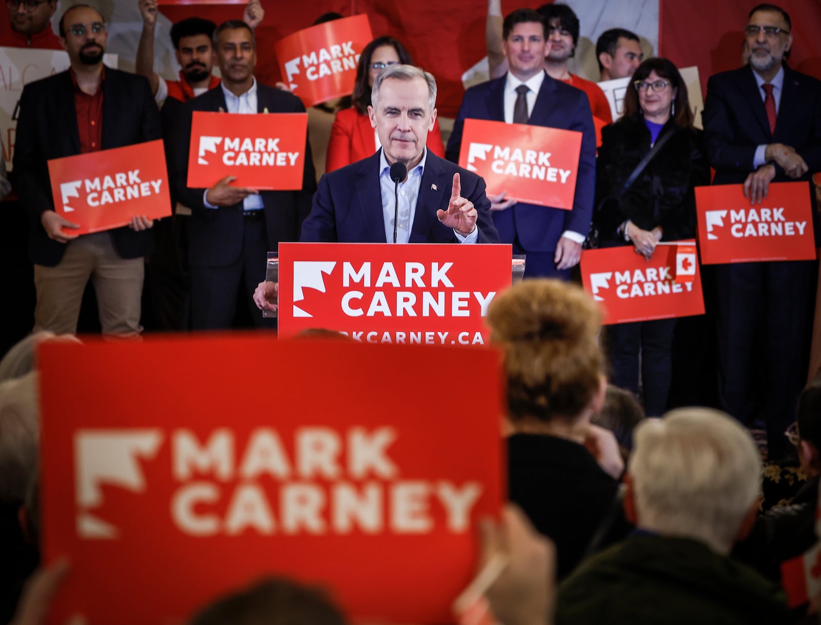 Liberal Party of Canada leadership candidate Mark Carney addresses supporters in Calgary, Alberta, Tuesday, March 4, 2025. (Jeff McIntosh/The Canadian Press via AP)