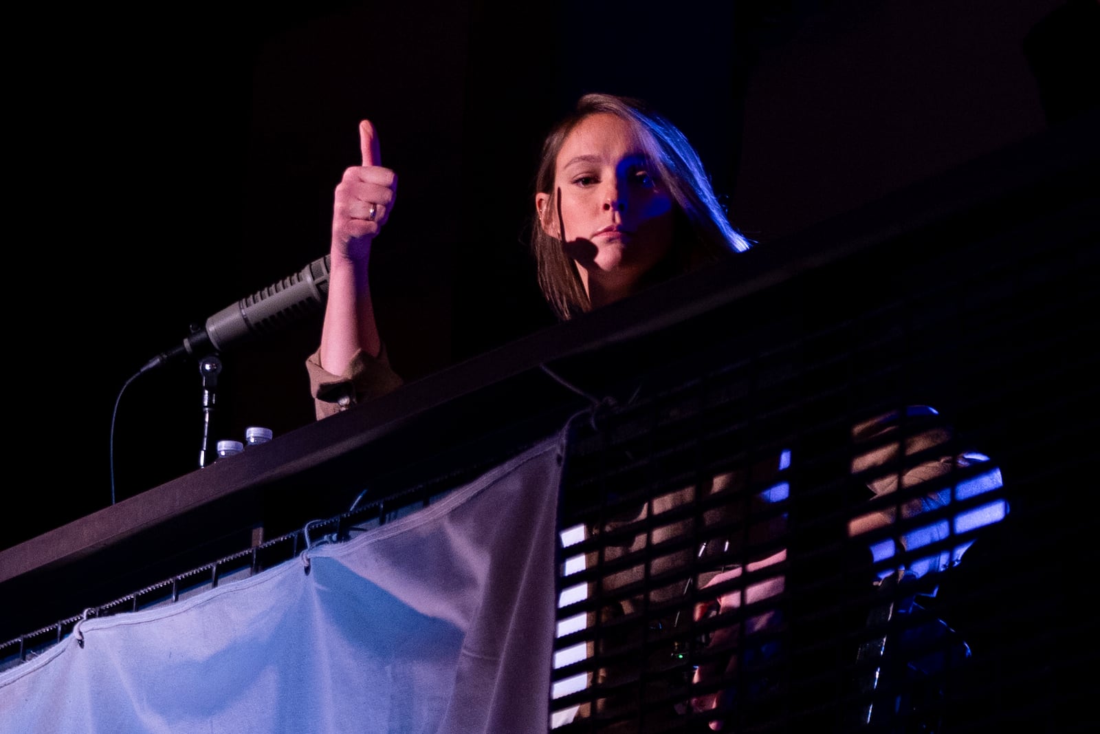 Kylie Kelce gives the thumbs up from "Kylie's Corner" during the taping of "They Call It Late Night with Jason Kelce", Friday, Jan. 3, 2025, in Philadelphia. (AP Photo/Chris Szagola)