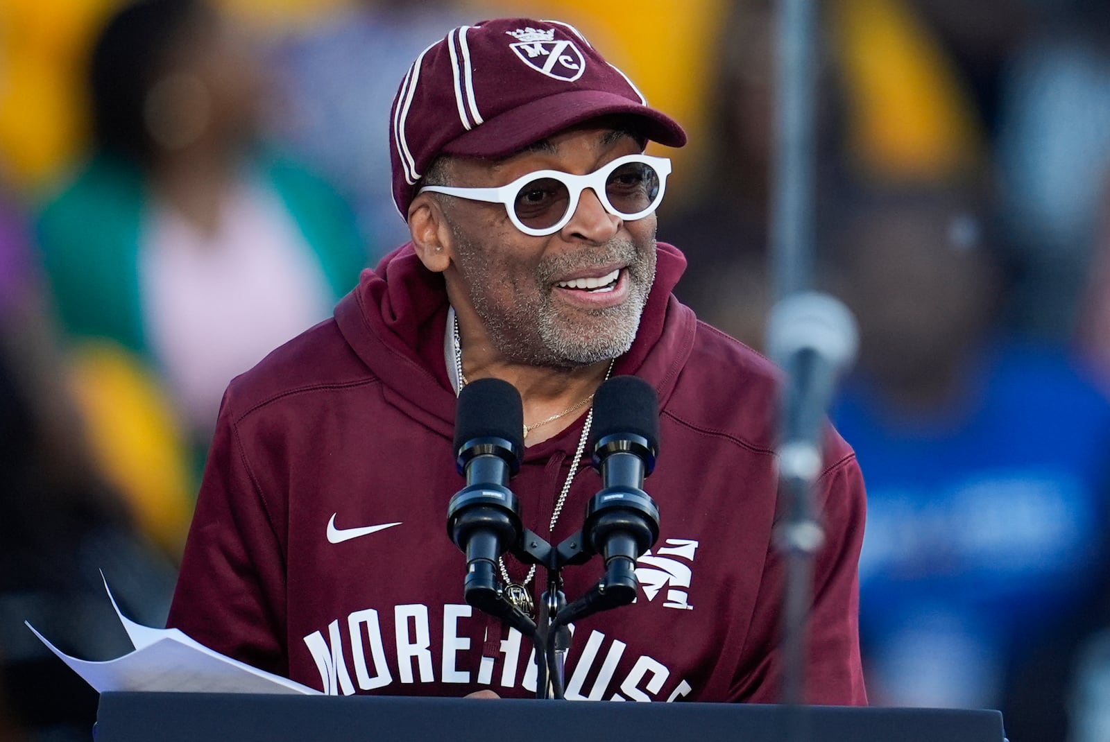 Spike Lee speaks at a campaign rally supporting Democratic presidential nominee Vice President Kamala Harris, Thursday, Oct. 24, 2024, in Clarkston, Ga. (AP Photo/Mike Stewart)