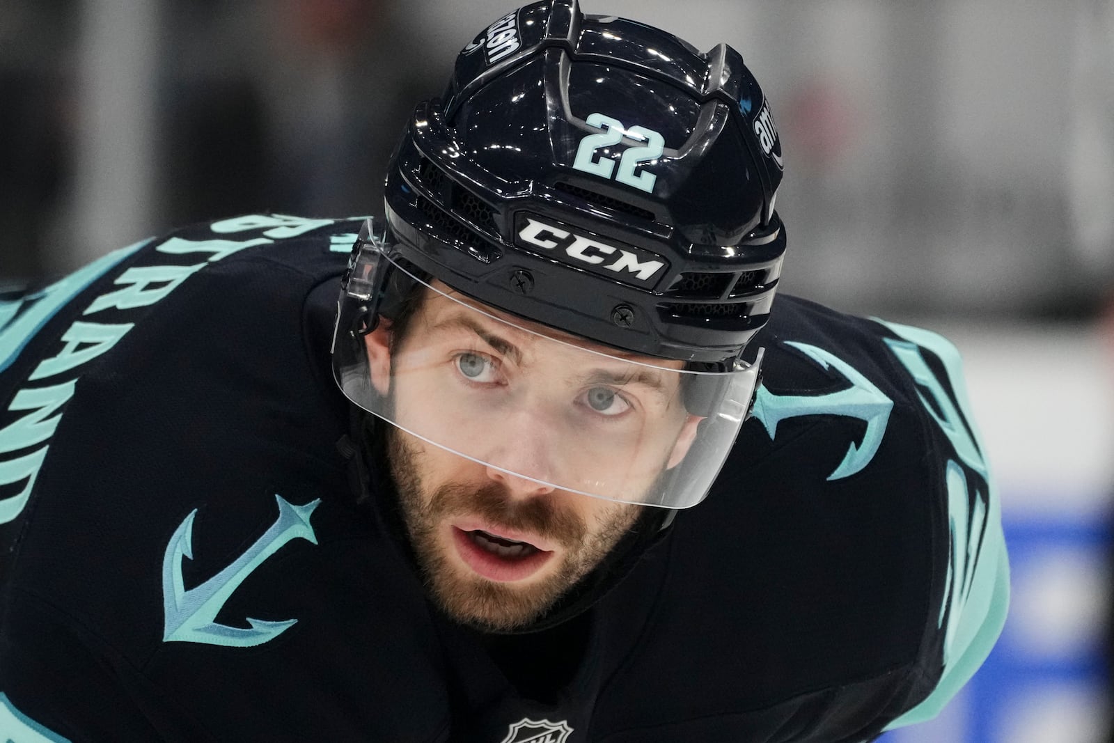 FILE - Seattle Kraken right wing Oliver Bjorkstrand (22) looks on during an NHL hockey game against the San Jose Sharks, Thursday, Jan. 30, 2025, in Seattle. (AP Photo/Lindsey Wasson, File)