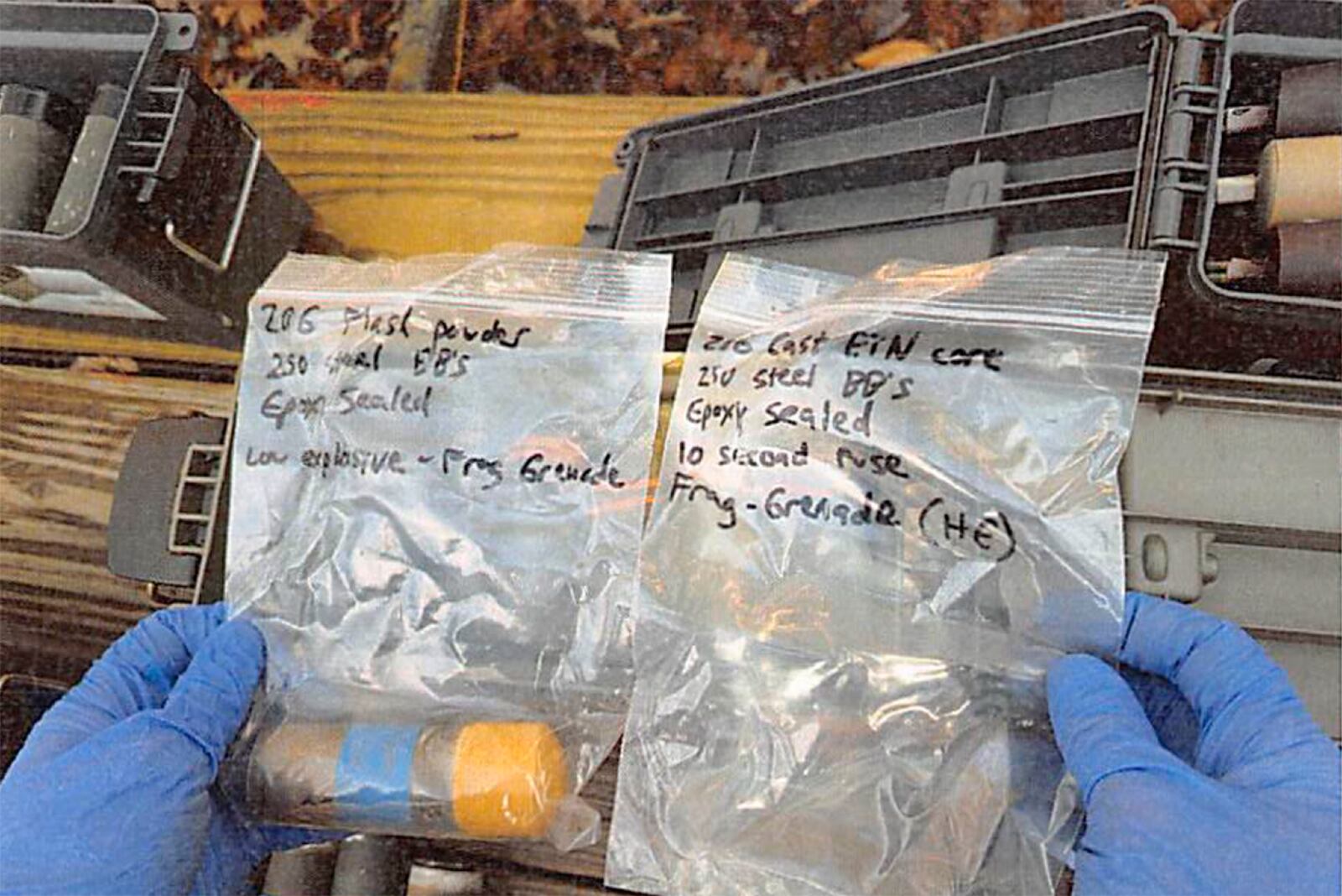 This image provided by U.S. Attorney’s Office, Eastern District of Virginia shows a stockpile of homemade explosives Federal agents seized when they arrested Brad Spafford, a Virginia man on a firearms charge in Dec. 2024. (U.S. Attorney’s Office, Eastern District of Virginia via AP)