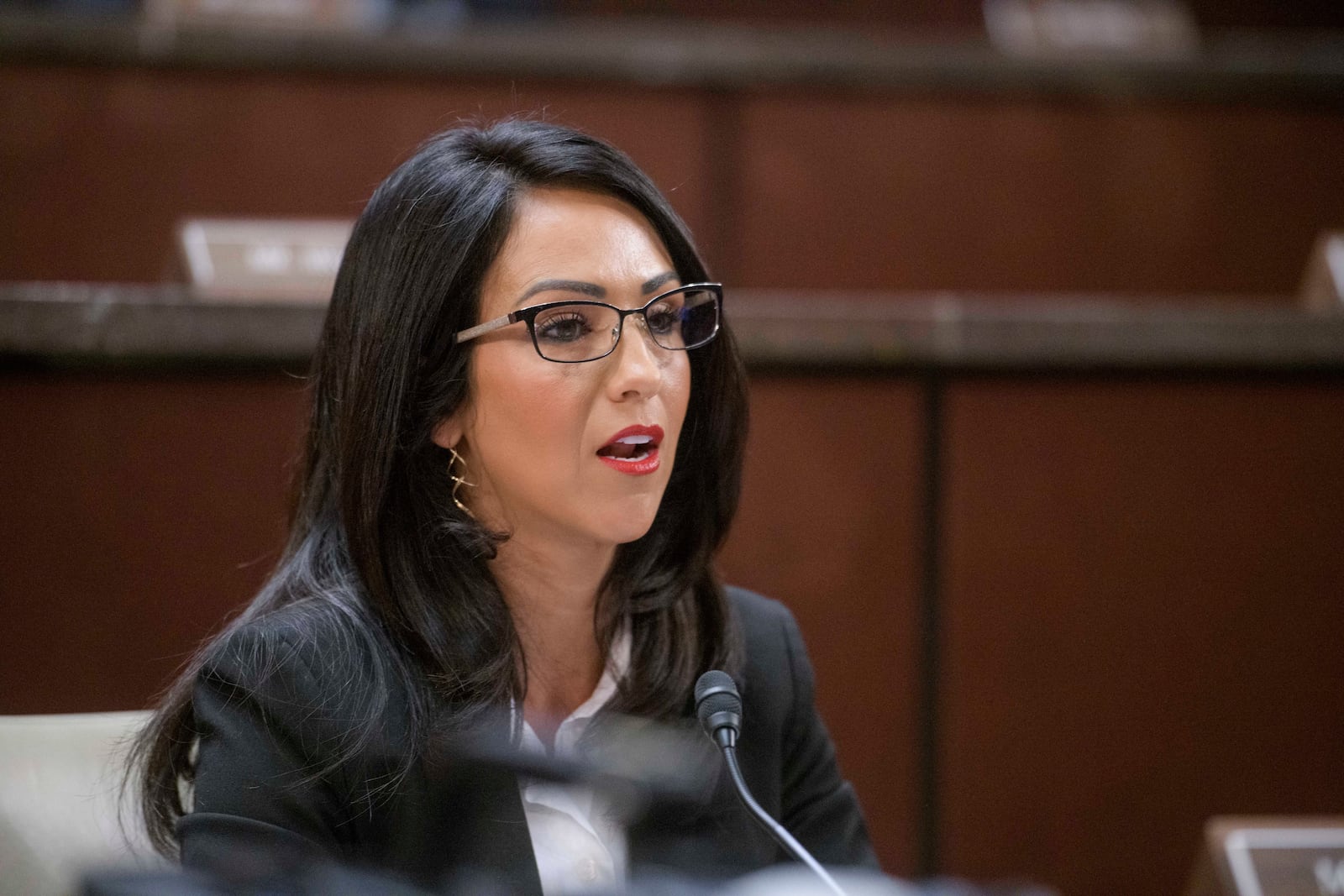 Rep. Lauren Boebert, R-Colo., questions Denver Mayor Mike Johnston during a House Committee on Oversight and Government Reform hearing with Sanctuary City Mayors on Capitol Hill, Wednesday, March 5, 2025, in Washington. (AP Photo/Rod Lamkey, Jr.)