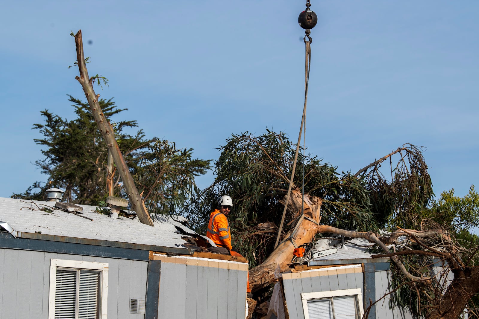 Workers remove a large tree that fell into a mobile home in Seaside, Calif., Saturday, Dec. 14, 2024. (AP Photo/Nic Coury)