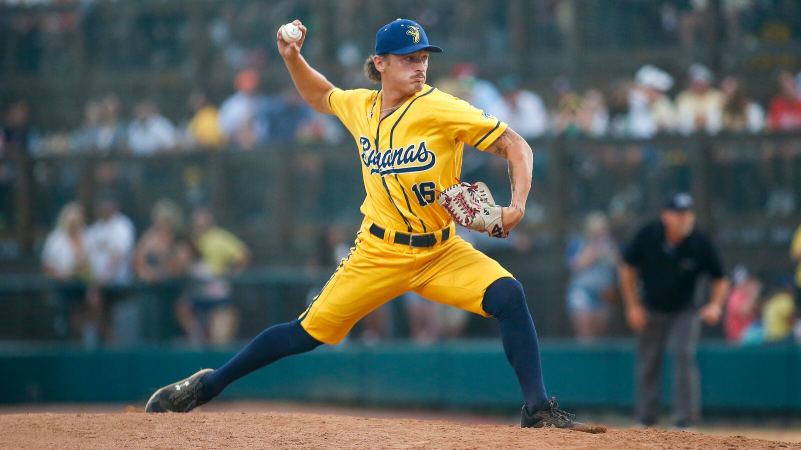 Northwestern High School grad Gage Voorhees pitches for the Savannah Bananas during their game against the Macon Bacon on Saturday, June 25, 2022 at Grayson Stadium in Savannah, Ga. The Bananas won 8-1. Photo by Michael Cooper