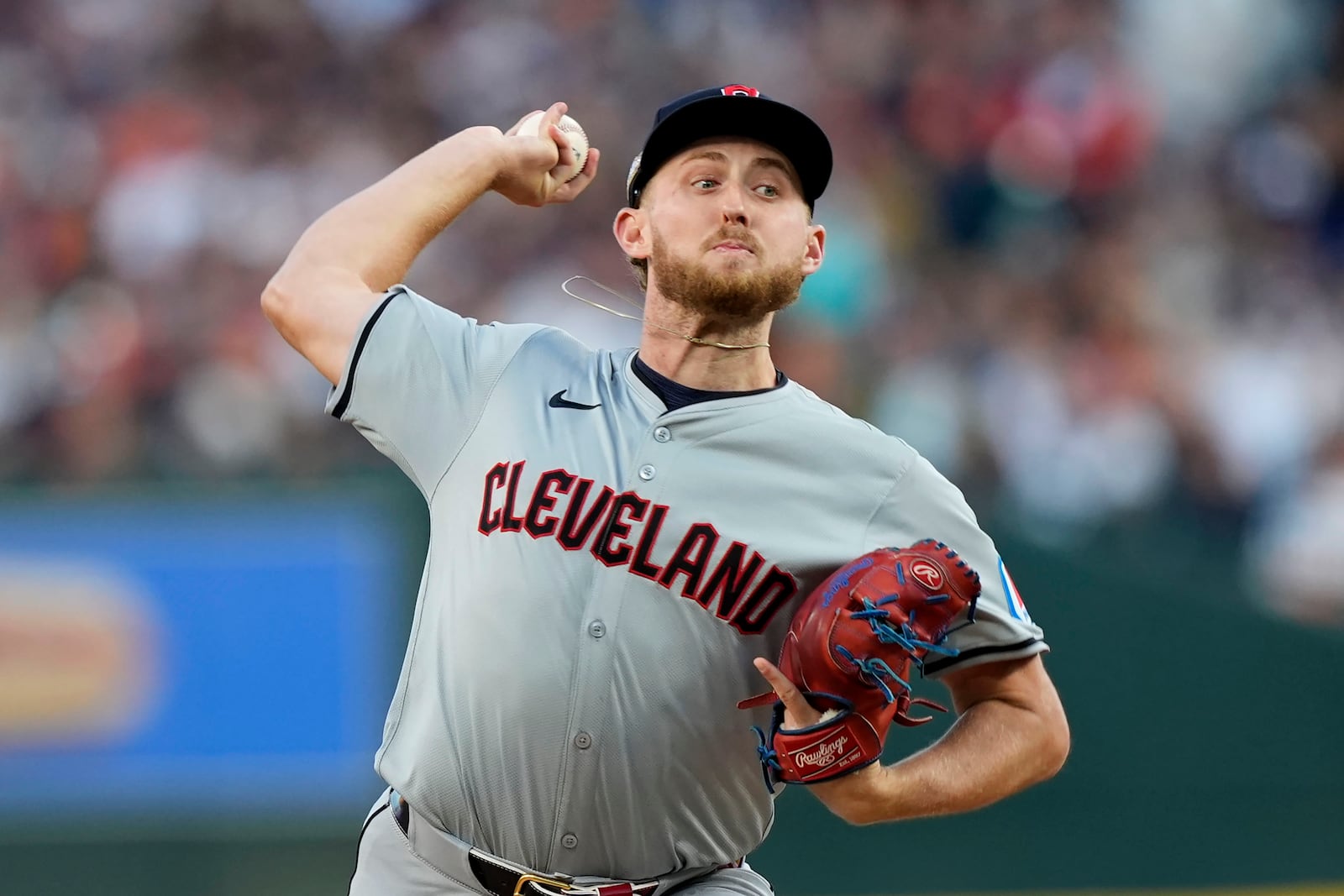 Cleveland Guardians pitcher Tanner Bibee throws against the Detroit Tigers in the first inning during Game 4 of a baseball American League Division Series, Thursday, Oct. 10, 2024, in Detroit. (AP Photo/Carlos Osorio)