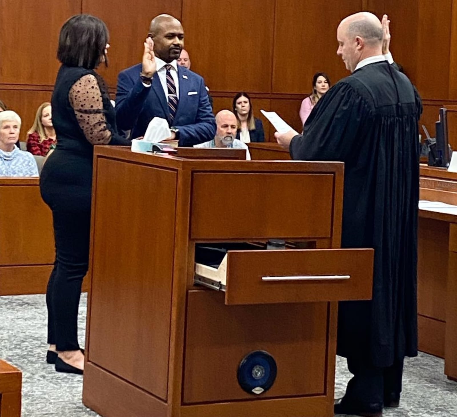 Breighton Smith is sworn in as Warren County Clerk of Courts Dec. 17, 2024, by Ohio Supreme Court Justice Dan Hawkins. CONTRIBUTED