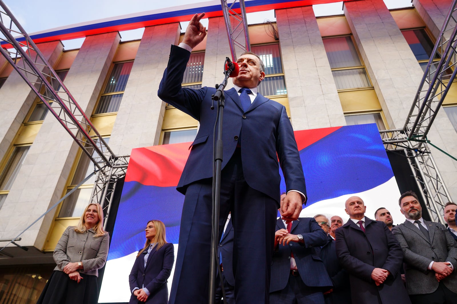 Bosnian Serb President Milorad Dodik speaks during a rally on the eve of a scheduled court verdict that could order the pro-Russia Serb leader banned from politics or even sentenced to prison in the Bosnian town of Banja Luka, 240 kms northwest of Sarajevo, Tuesday, Feb. 25, 2025. (AP Photo/Radivoje Pavicic)