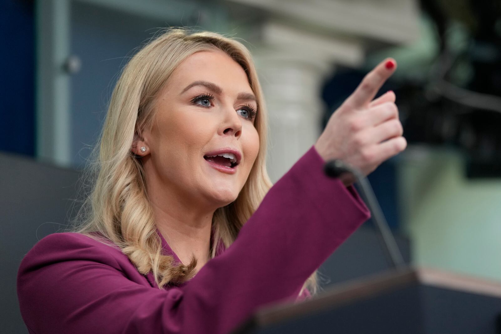 White House press secretary Karoline Leavitt speaks at the daily briefing at the White House in Washington Tuesday, Jan. 28, 2025. (AP Photo/Ben Curtis)