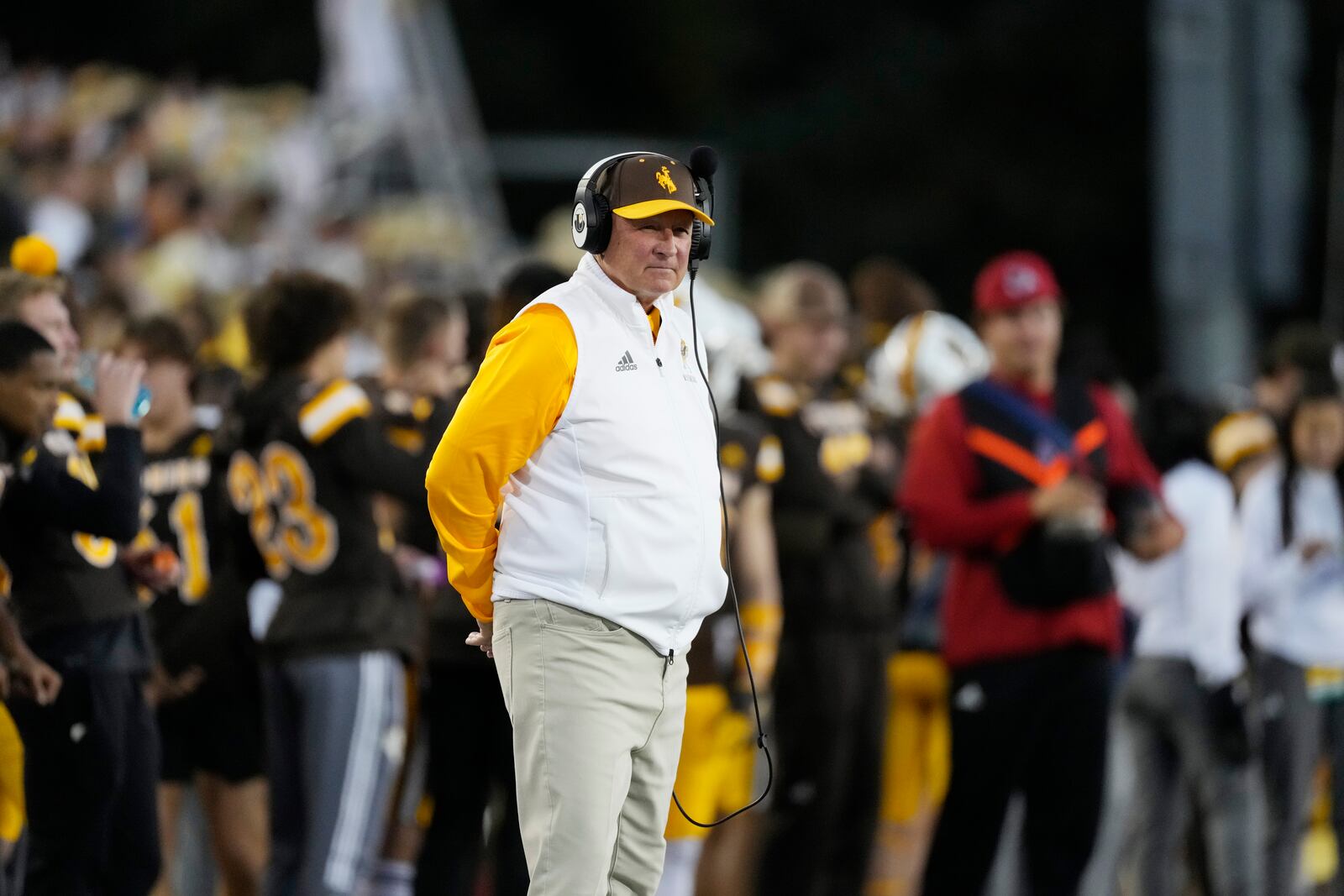 FILE - Then-Wyoming head coach Craig Bohl is seen in the first half of an NCAA college football game, Oct. 7, 2023, in Laramie, Wyo. (AP Photo/David Zalubowski, File)