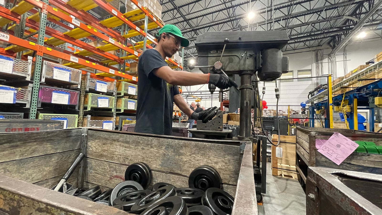 Hamilton Caster, which has been in the city for 115 years, celebrated its building expansion on Thursday, July 14, 2022, on Dixie Highway with an open house event sponsored by the Greater Hamilton Chamber of Commerce. Pictured is Peter Riko, of Hamilton, drilling a center hole on wheels for carts. He's been on the job for about a month. MICHAEL D. PITMAN/ STAFF