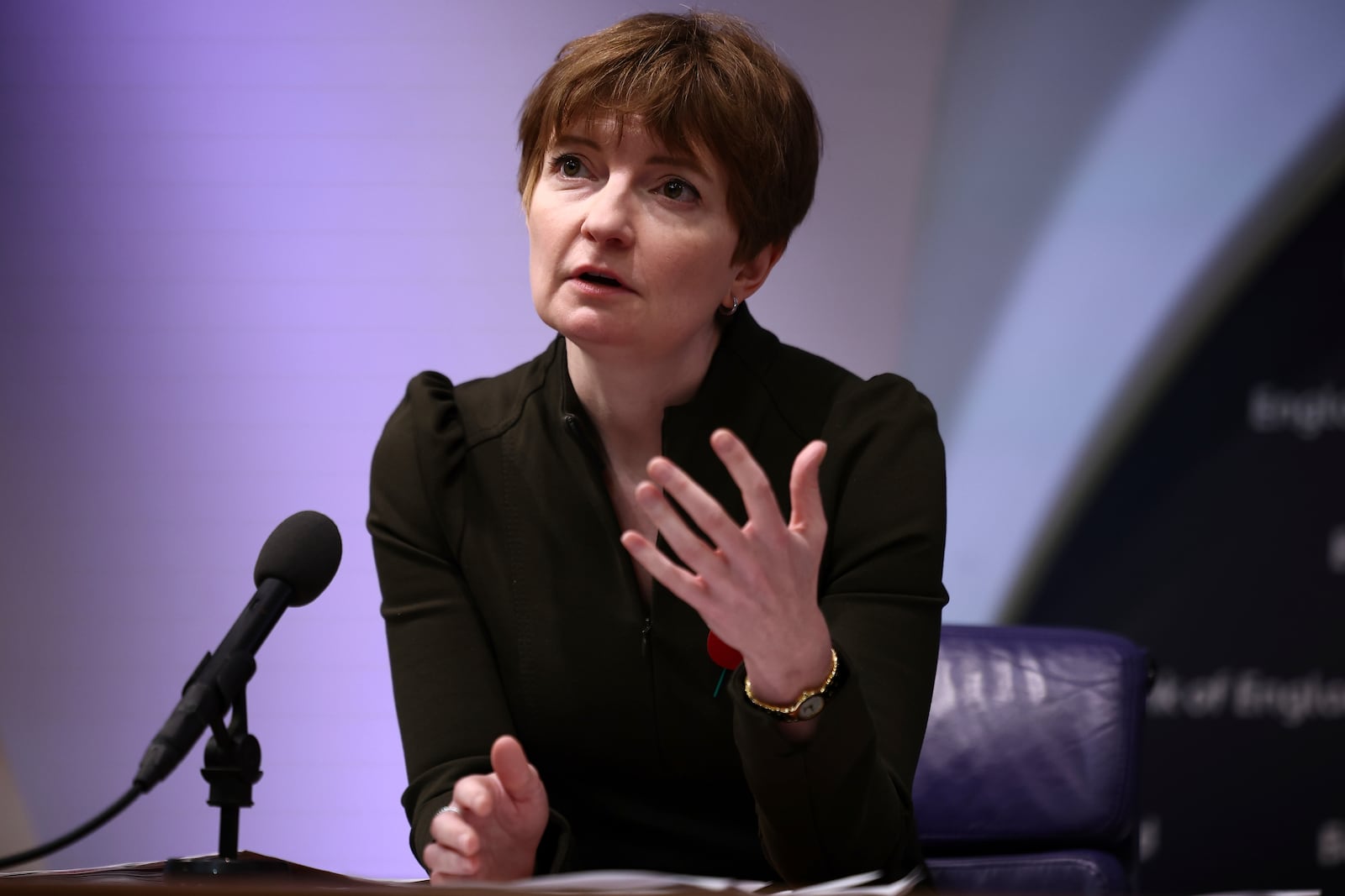 Bank of England Deputy Governor for Monetary Policy Clare Lombardelli gestures, during the central bank's Monetary Policy Report press conference at the Bank of England, in London, Thursday, Nov. 7, 2024. (Henry Nicholls/Pool Photo via AP)