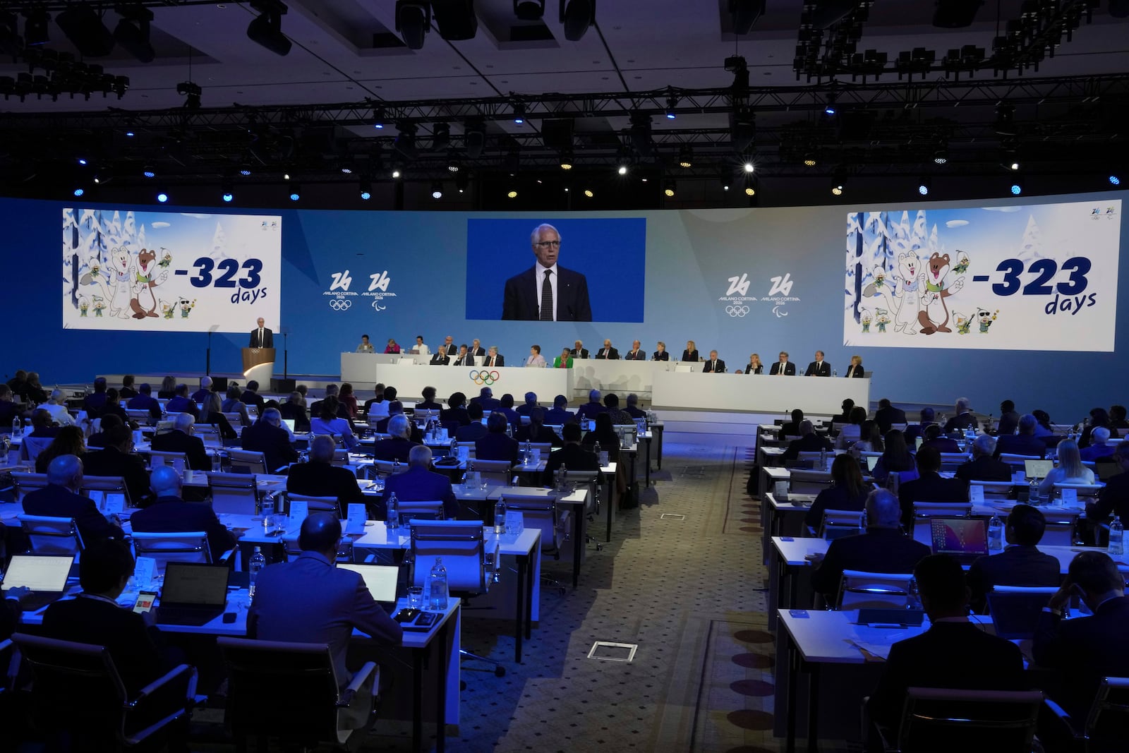 Milano Cortina 2026 Foundation President Giovanni Malago speaks during the 144th International Olympic Committee session, which will elect the new IOC President, in Costa Navarino, western Greece, Thursday, March 20, 2025. (AP Photo/Thanassis Stavrakis)