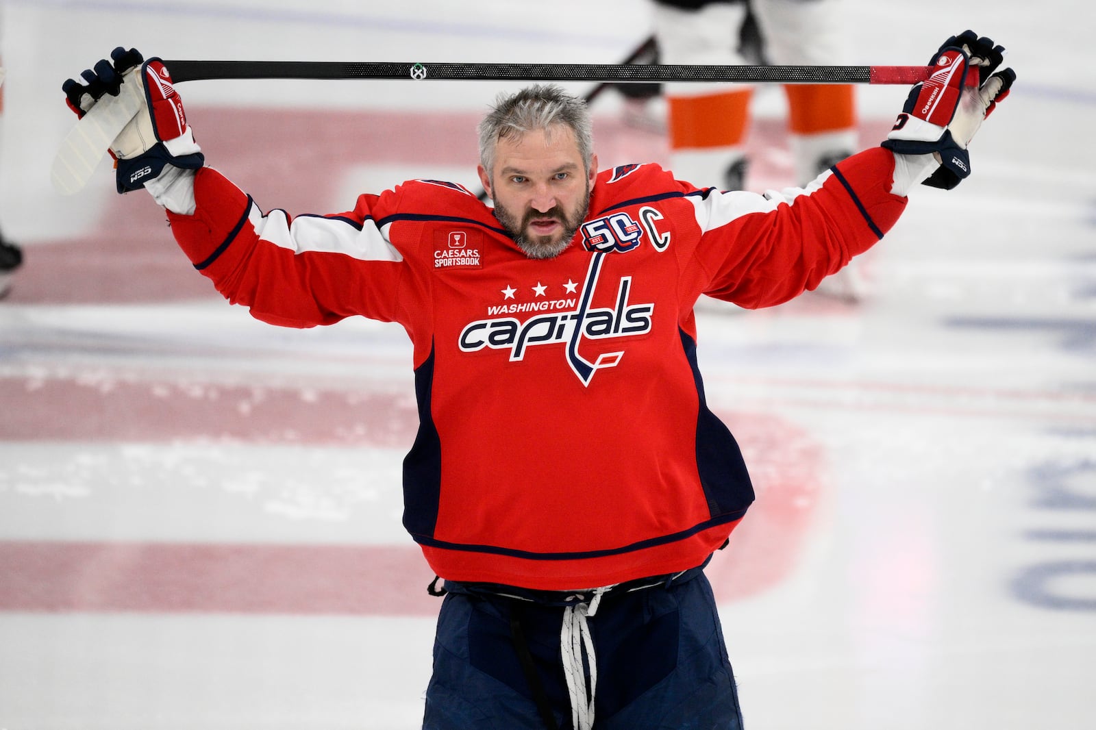 Washington Capitals left wing Alex Ovechkin warms up before an NHL hockey game against the Philadelphia Flyers, Thursday, March 20, 2025, in Washington. (AP Photo/Nick Wass)