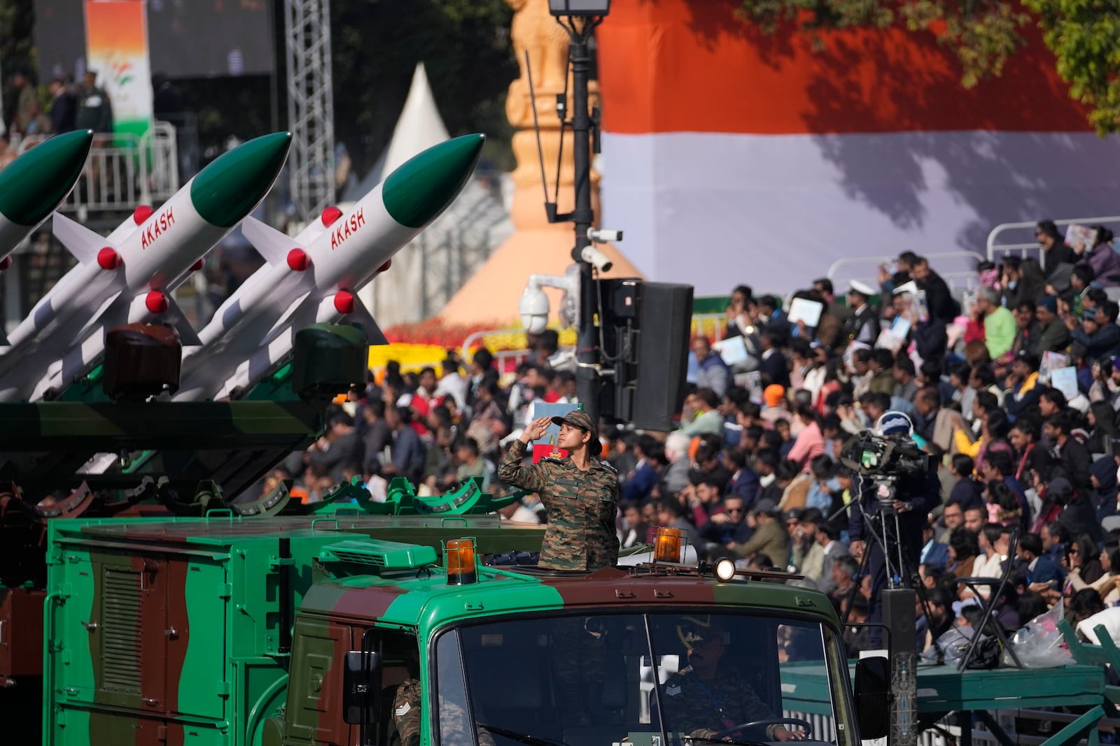 Indian defense forces march through the ceremonial Kartavya Path boulevard during India's Republic Day parade celebrations in New Delhi, India, Sunday, Jan. 26, 2025. (AP Photo/Channi Anand)