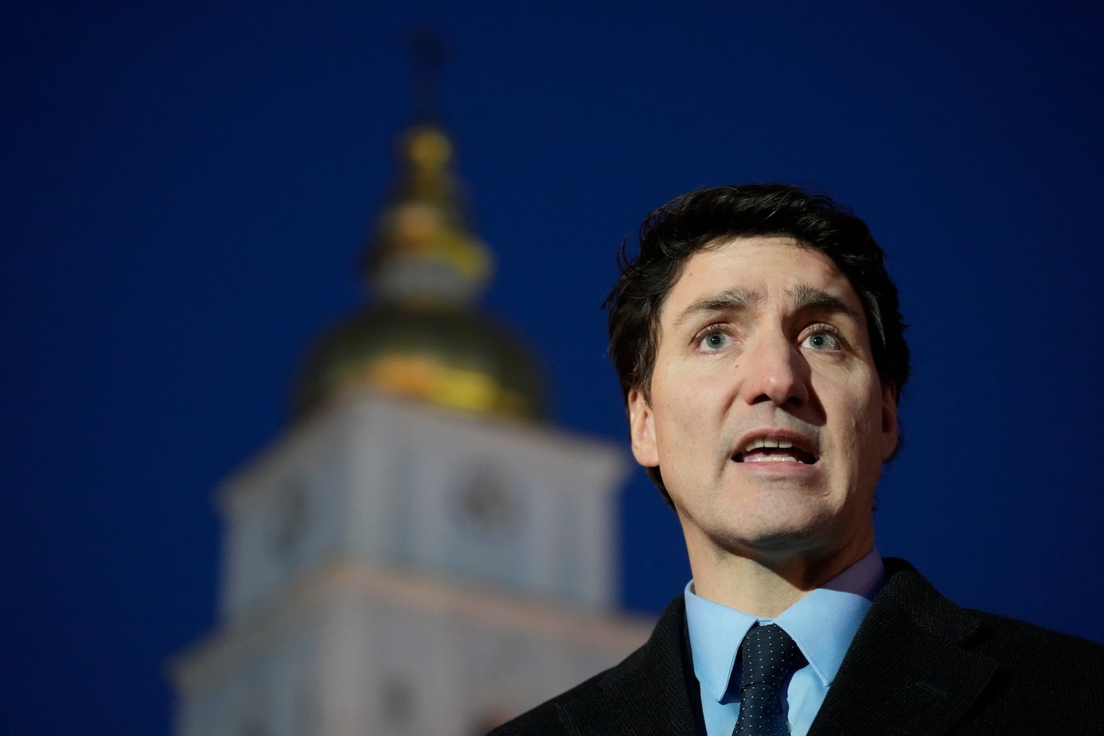 Canadian Prime Minister Justin Trudeau holds a media availability in Kyiv, Ukraine, Monday, Feb. 24, 2025. (Frank Gunn/The Canadian Press via AP)