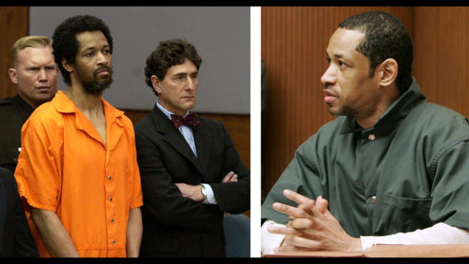 John Allen Muhammad, one of the so-called Beltway snipers, is pictured in court in Virginia in March 2004, left, and in Maryland in April 2006. Muhammad and Lee Boyd Malvo went on a crime spree in the fall of 2002 that left 12 people dead.