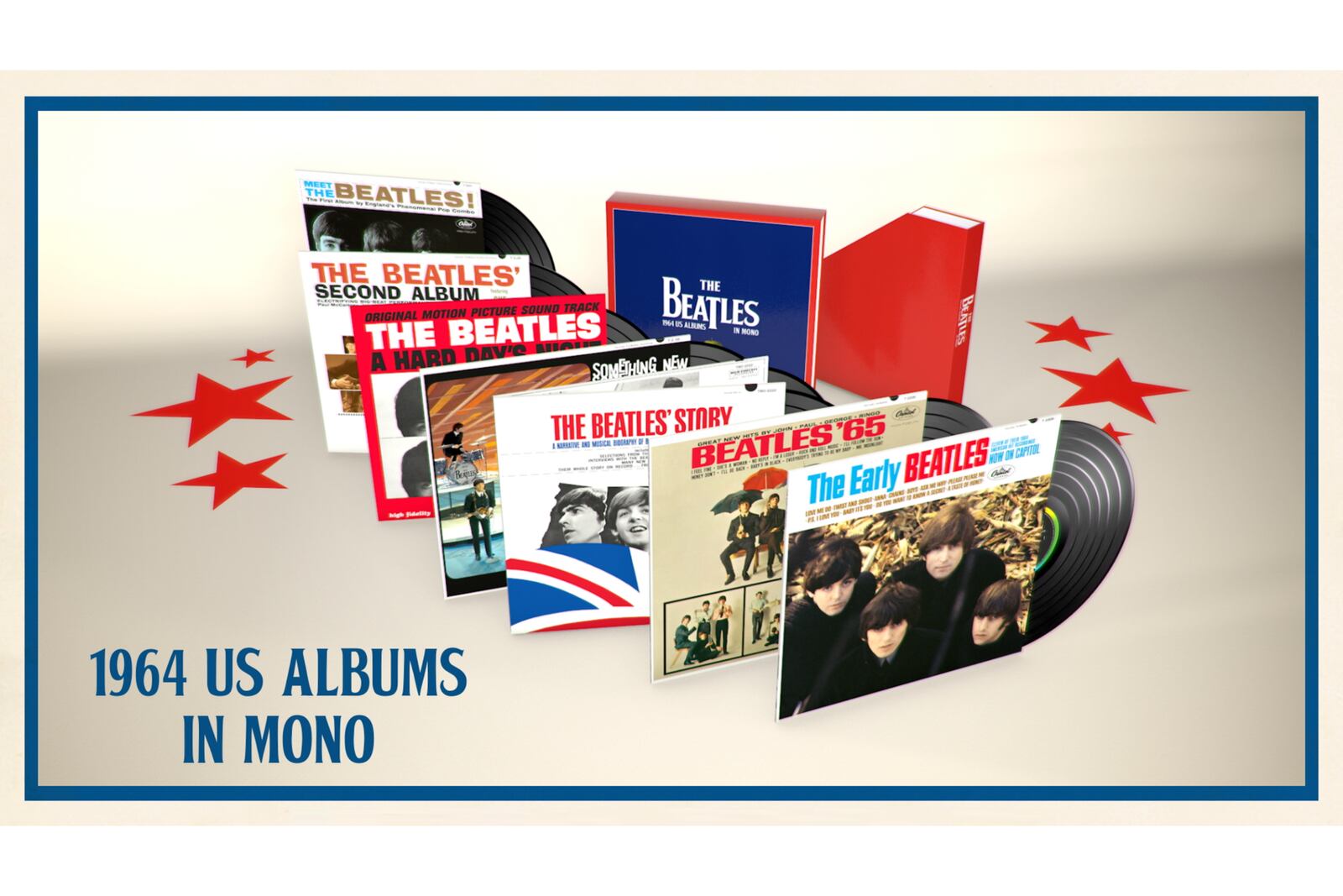 A box set collection of the first seven Beatles albums is displayed. (Disney+ Beatles via AP)