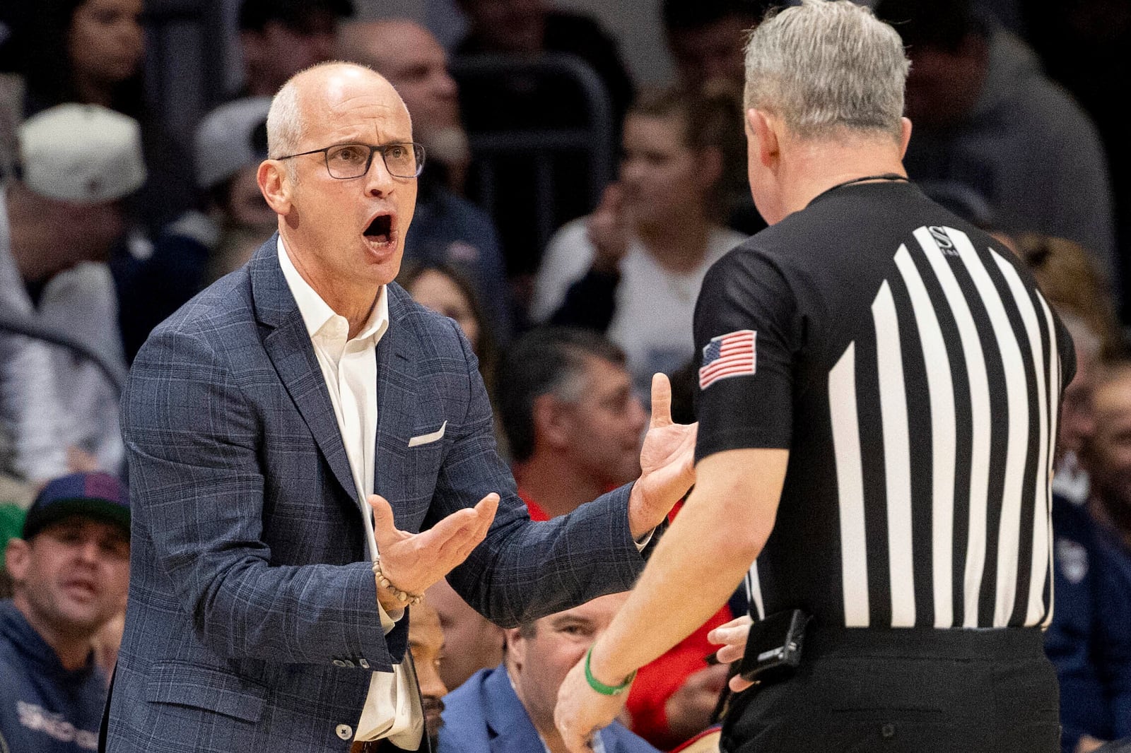 Connecticut head coach Dan Hurley shouts at the referee during the first half of an NCAA college basketball game against Villanova, Wednesday, Jan. 8, 2025, in Villanova, Pa. (AP Photo/Laurence Kesterson)