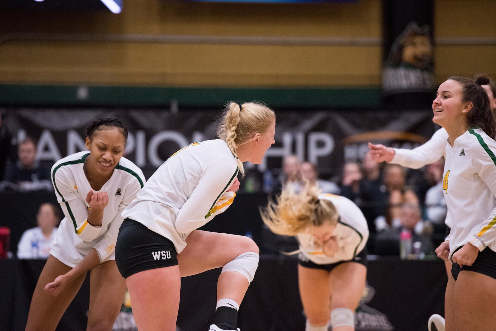 Wright State celebrates a point during a match against Northern Kentucky on Nov. 23, 2019. Joseph Craven/WSU Athletics