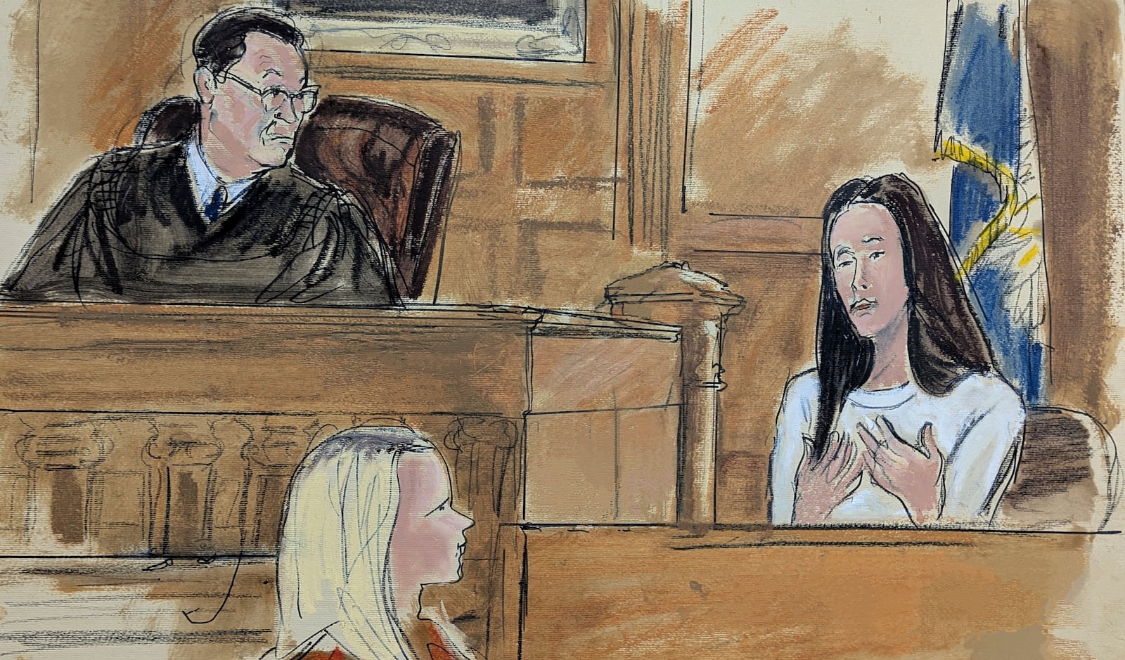 In this courtroom sketch, the first trial witness Deborah Moore Kushmaul, Director of Programming at the Chautauqua Institute, describes being handed the knife that was found on the stage after the assault on Salman Rushdie , during the trial of Hadi Matar, iin Chautauqua County court, in Mayville, NY, Monday, Feb. 10, 2025, as Judge David Foley is seated on the bench. (Elizabeth Williams via AP)