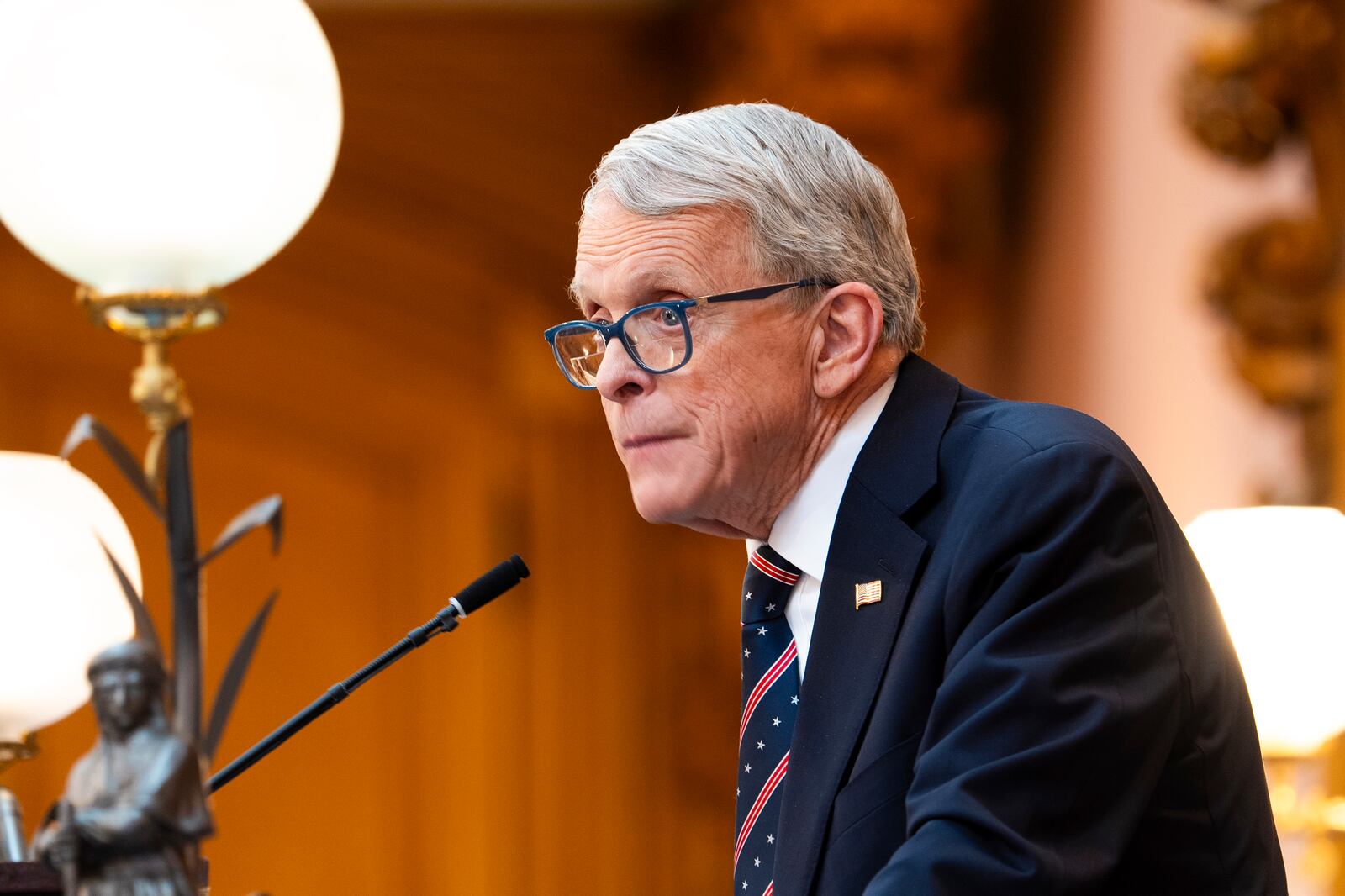 Ohio Gov. Mike DeWine gives the State of the State address in the Ohio House chambers at the Ohio Statehouse on Wednesday, March 12, 2025, in Columbus, Ohio. (Samantha Madar/The Columbus Dispatch via AP, Pool)