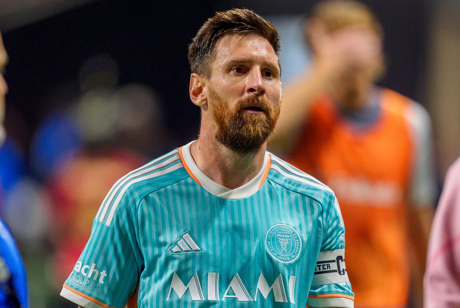 Inter Miami forward Lionel Messi (10) walks off the field after stoppage time in the second half of an MLS soccer match against Atlanta United, Saturday, Nov. 2, 2024, in Atlanta. (AP Photo/Jason Allen)