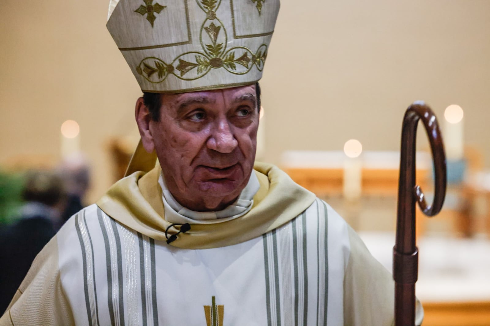 Archbishop Dennis Schnurr celebrates Mass at St. Charles in Kettering Wednesday morning, Jan. 31, 2024, to mark Catholic Schools Week. Schnurr heads the Archdicese of Cincinnati includes 19 Ohio counties and encompasses 109 Catholic elementary and high schools in the Dayton-Cincinnati area. JIM NOELKER/STAFF