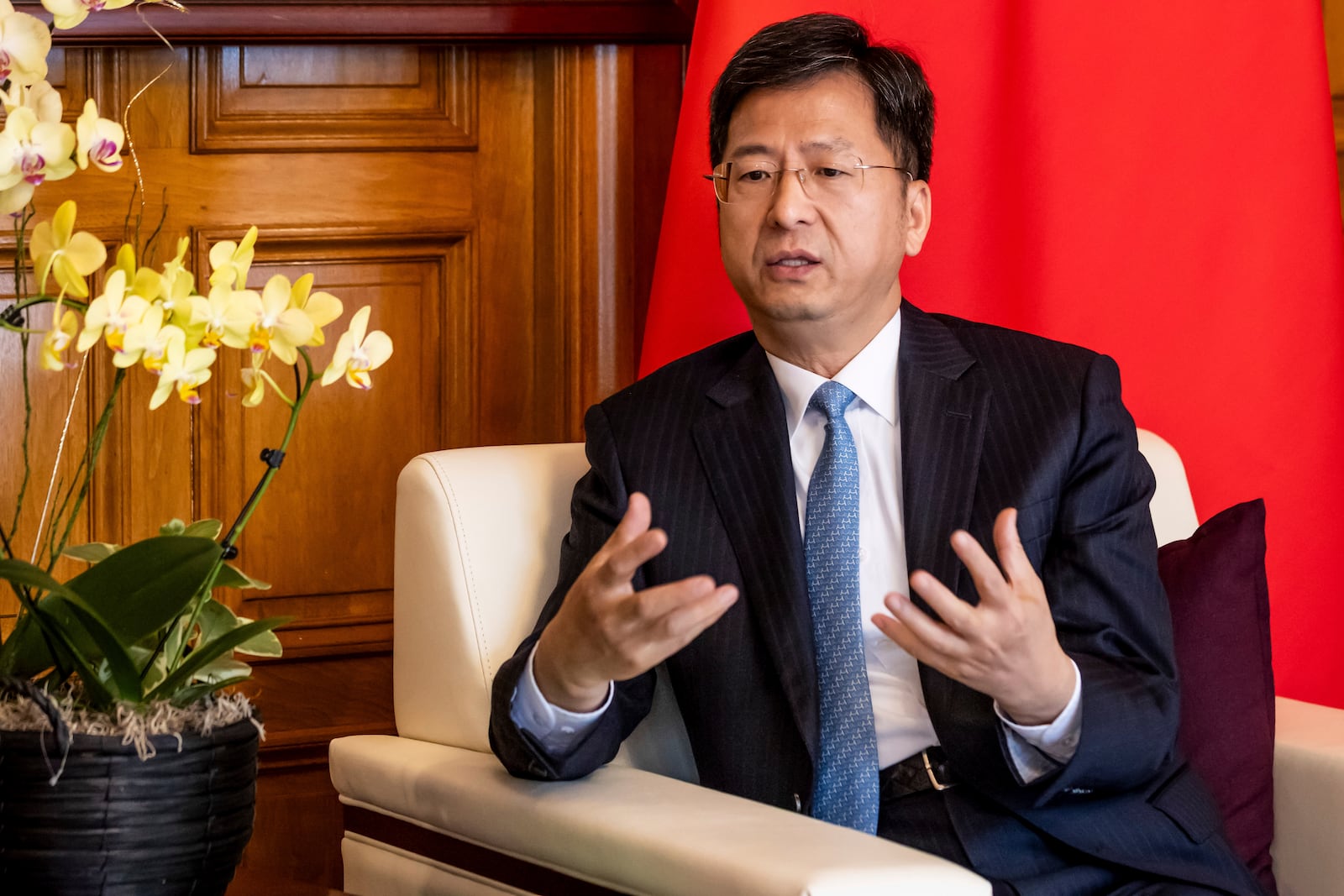 Zhang Jianmin, the consul general of the People's Republic of China in San Francisco, addresses President Donald Trump's tariffs on China during a meeting with the press at his home in San Francisco, Wednesday, March 12, 2025. (Carlos Avila Gonzalez/San Francisco Chronicle via AP)