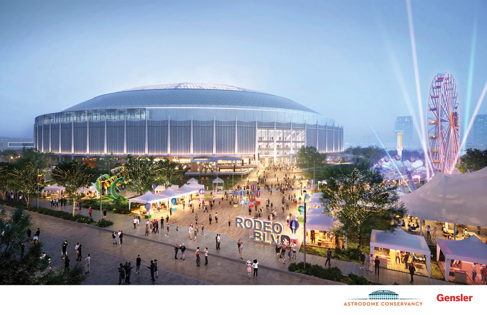 In this artist rendering provided by the Astrodome Conservancy, shows some of the proposed mixed use spaces, supplied by Gensler Architects, for renovations of the now dormant Astrodome unveiled during a press conference put on by the Astrodome Conservancy held at The Ion Wednesday, Nov. 13, 2024, in Houston. (Astrodome Conservancy via AP)