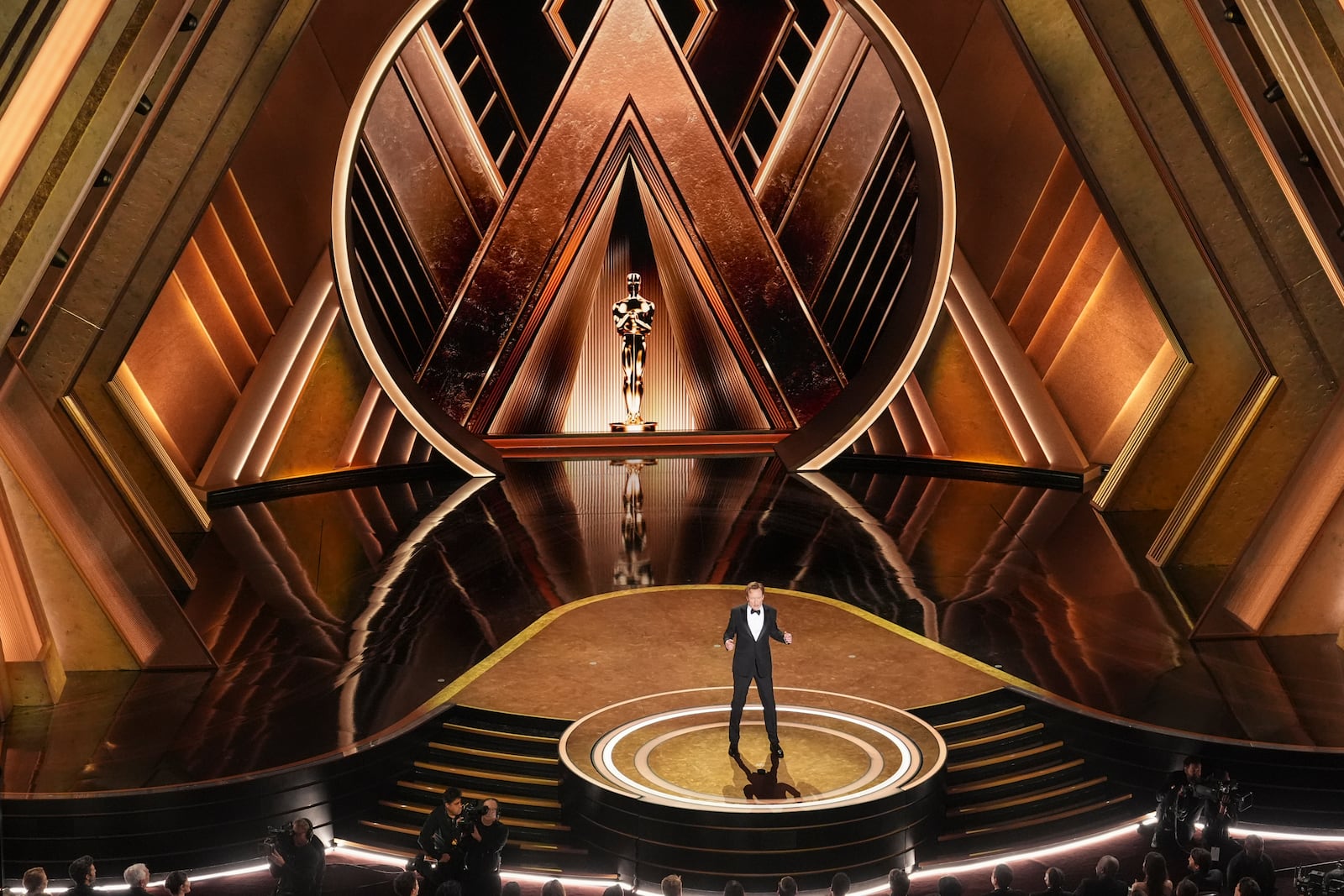 Host Conan O'Brien speaks during the Oscars on Sunday, March 2, 2025, at the Dolby Theatre in Los Angeles. (AP Photo/Chris Pizzello)