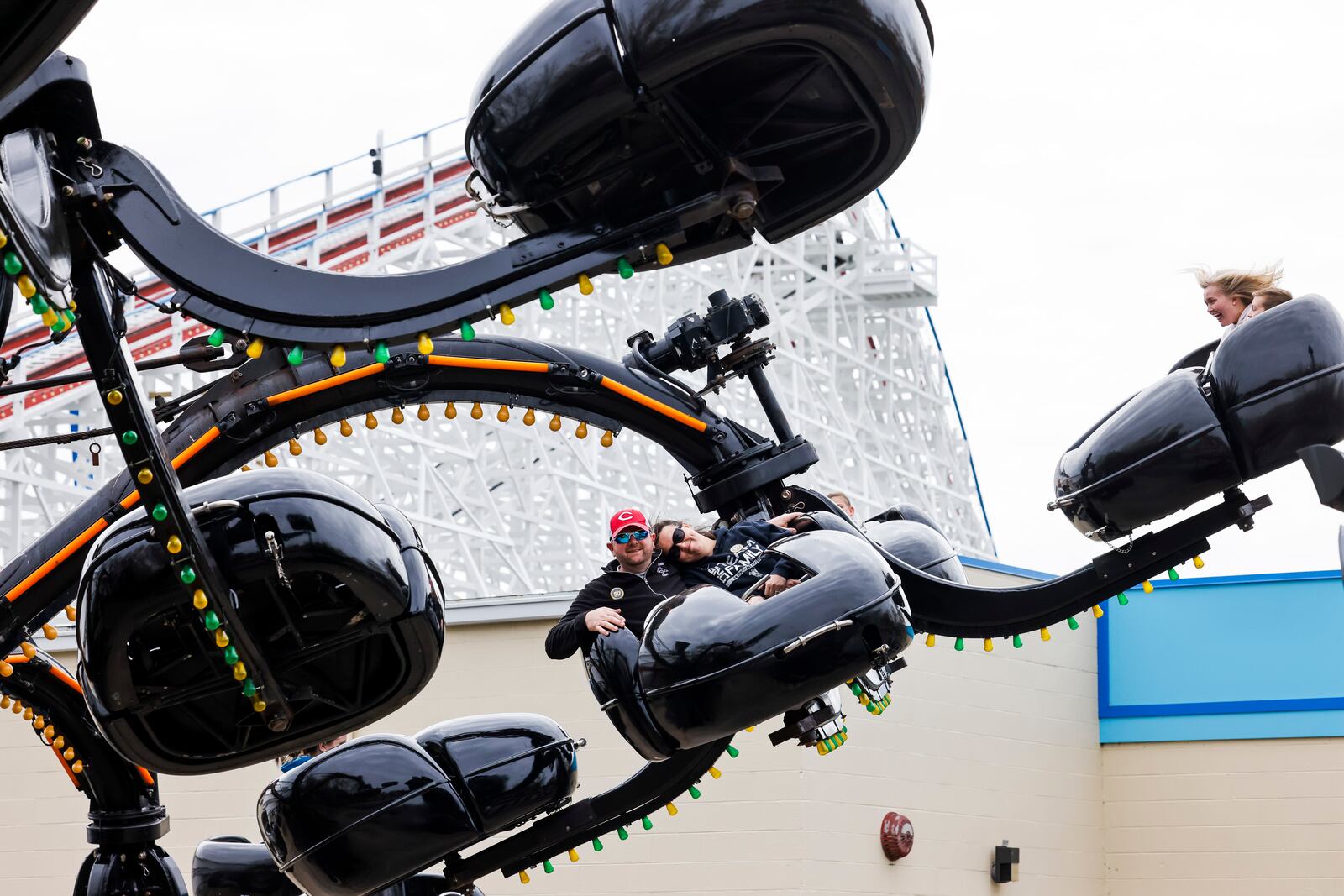 Kings Island held an opening ceremony and ribbon cutting Friday, April 29, 2022 in celebration of their 50th Anniversary. Visitors ride the Monster. NICK GRAHAM/STAFF