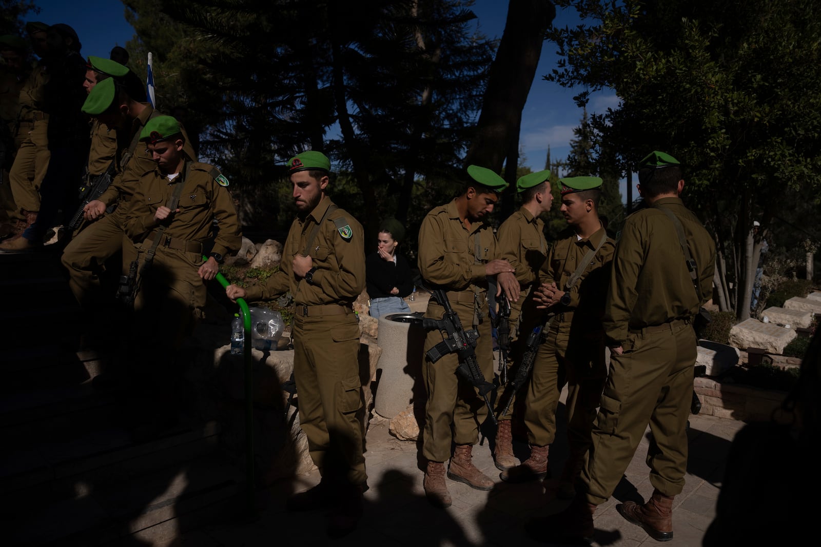 Israeli soldiers attend the funeral of Israeli soldier 1st Matityahu Ya'akov Perel, who was killed in a battle in the Gaza Strip, at the Mount Herzl military cemetery in Jerusalem, Israel, Thursday, Jan. 9, 2025. (AP Photo/Ohad Zwigenberg)