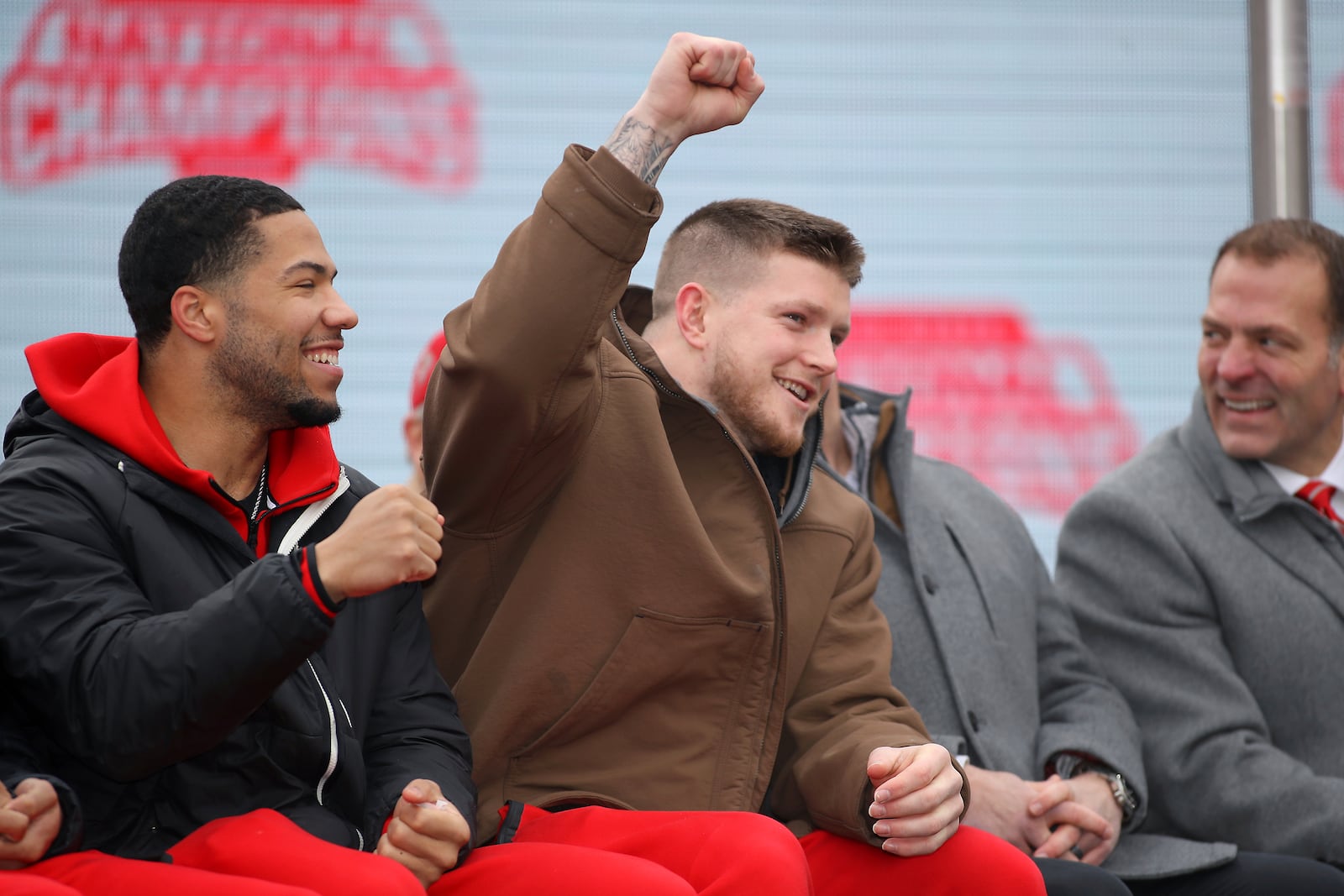 Ohio State Buckeyes defensive end Jack Sawyer, reacts to the a speech given during the National Championship celebration at Ohio Stadium in Columbus, Ohio, Sunday, Jan. 26, 2025. (AP Photo/Joe Maiorana)