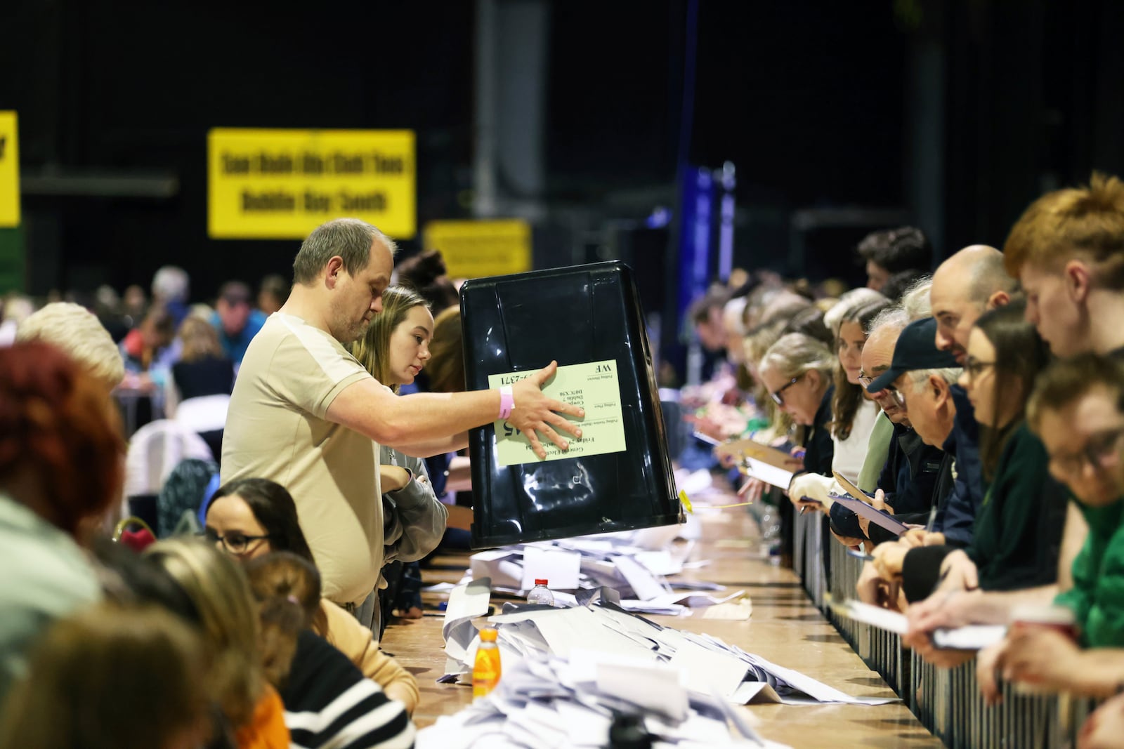 Counting begins for Ireland's General Election at the Royal Dublin Society in Dublin, Ireland, Saturday, Nov. 30, 2024. (AP Photo/Peter Morrison)