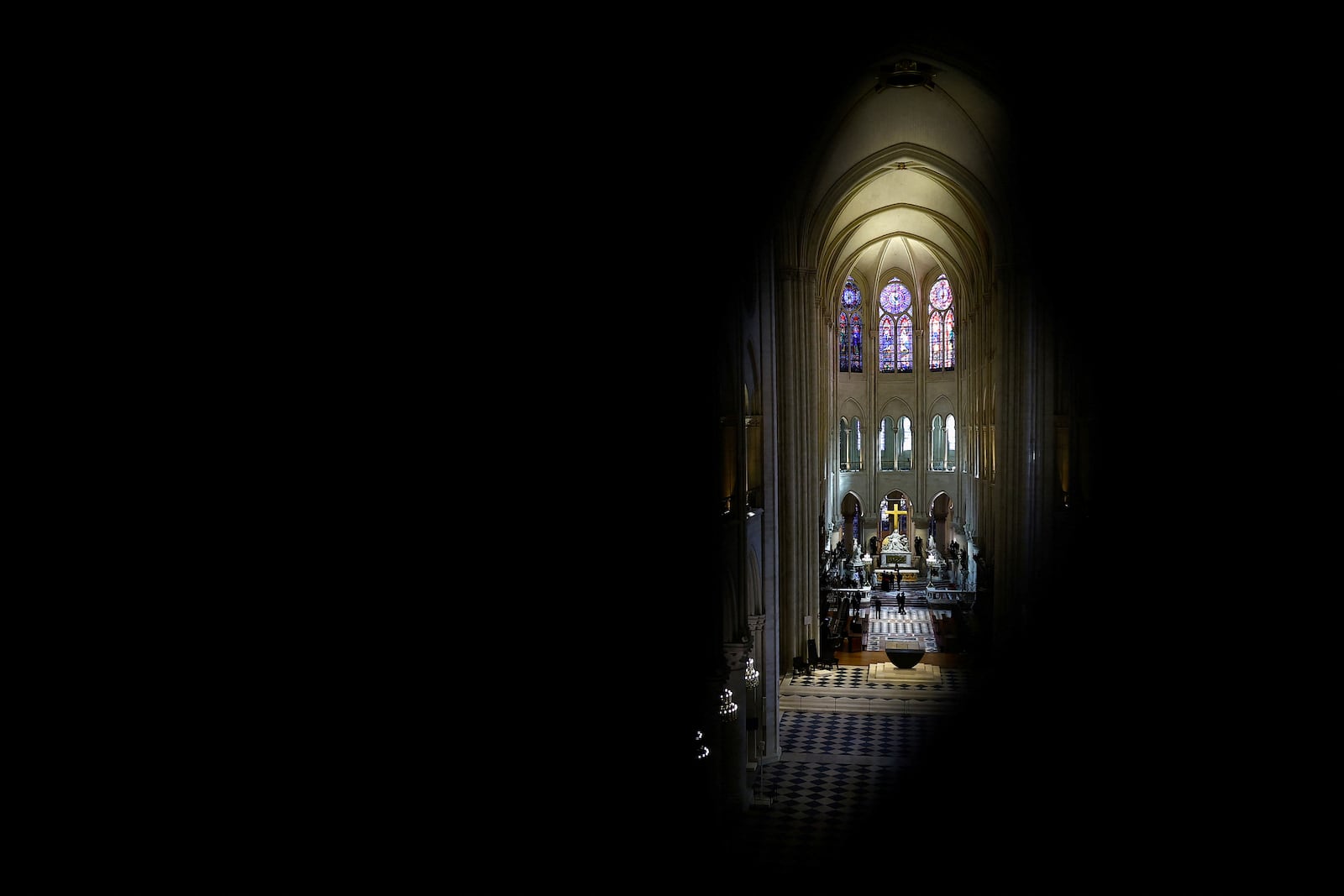 A view of the Notre-Dame cathedral while French President Emmanuel Macron visits the restored interiors monument, Friday, Nov. 29, 2024 in Paris. (Sarah Meyssonnier/Pool via AP)