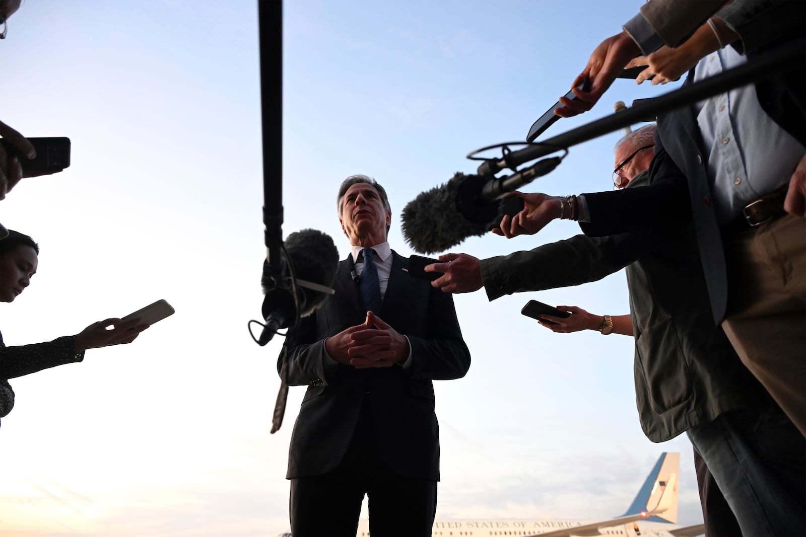 US Secretary of State Antony Blinken speaks to reporters on the tarmac before his departure from King Hussein International Airport in Jordan's southern Red Sea coastal city of Aqaba, Jordan, Thursday, Dec. 12, 2024. (Andrew Caballero-Reynolds/Pool Photo via AP)