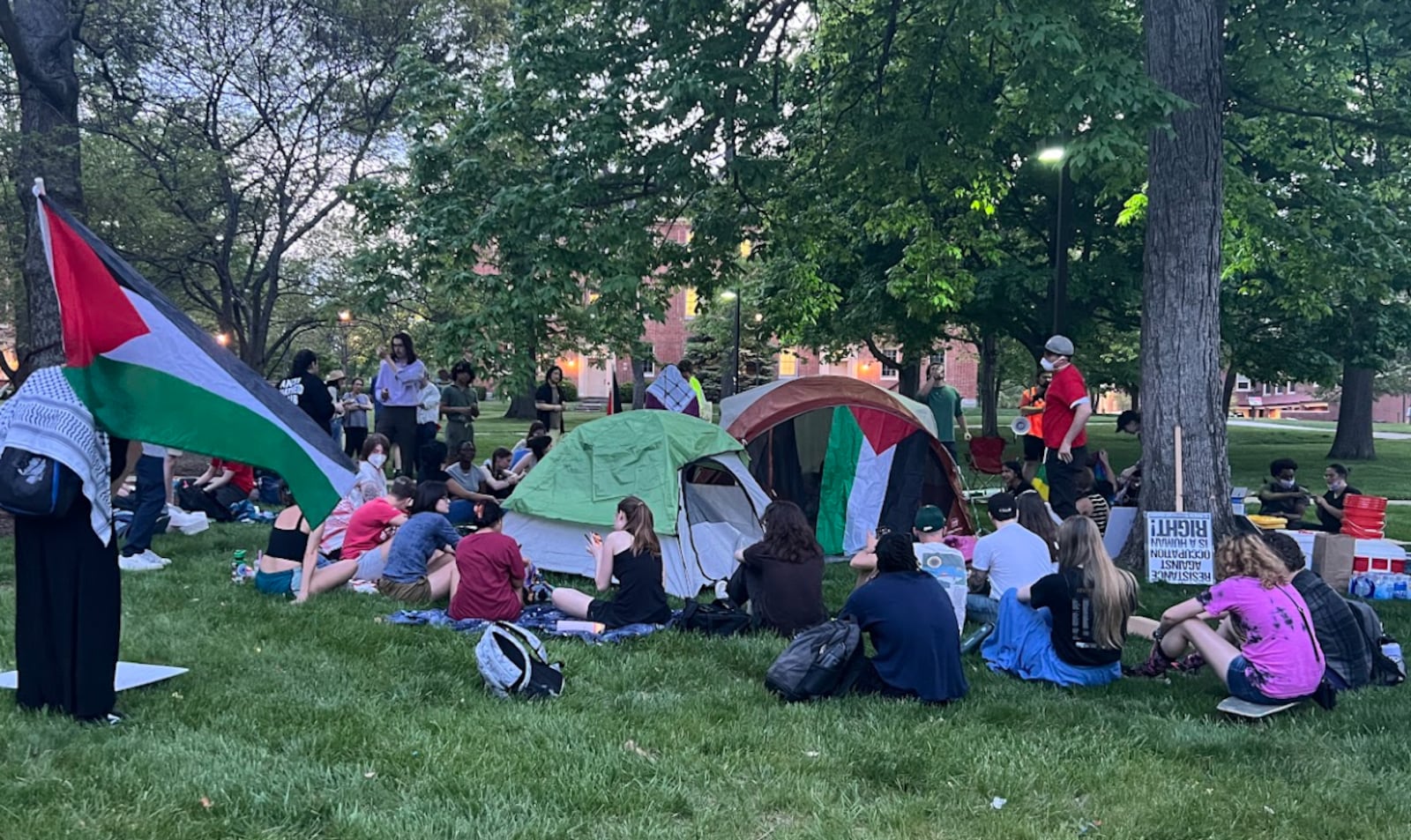 Students at Miami University in Oxford on Thursday, May 2, 2024 started a pro-Palestine encampment on the academic quad outside Roudebush Hall, the university’s main administrative building. SEAN SCOTT/CONTRIBUTED