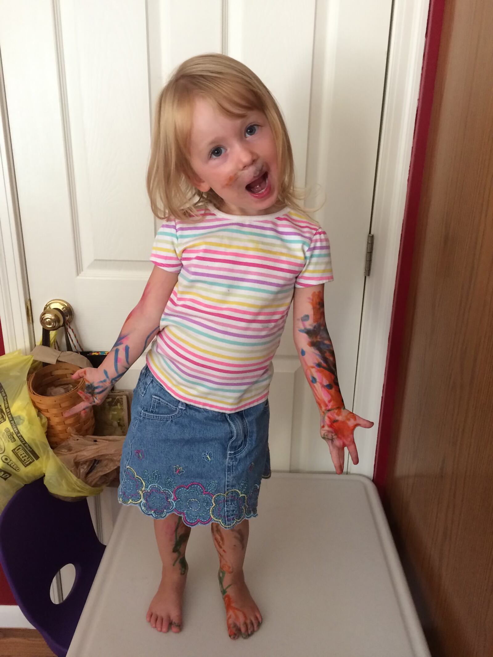 Lily at age 3. Her mom, Amanda, says Lily is her most creative child. In this picture, she decided to express that creativity by drawing on herself.