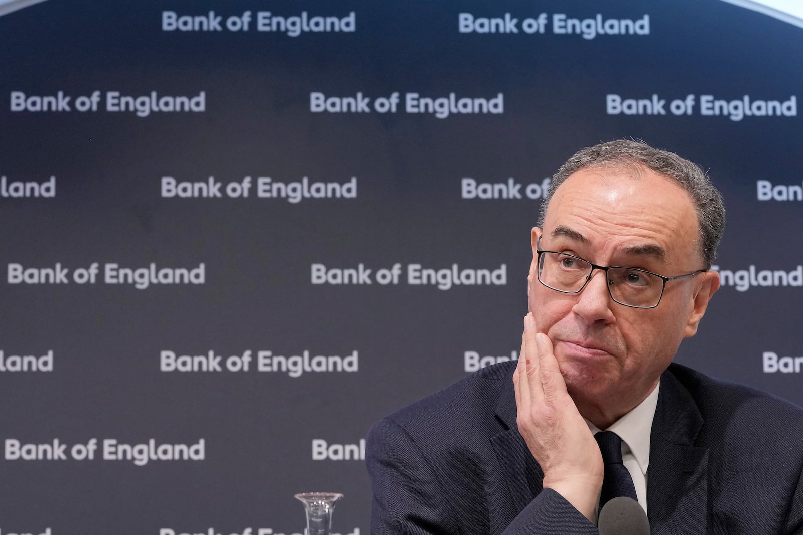 Andrew Bailey, Governor of the Bank of England , pauses during the Monetary Policy Report press conference in London, Thursday, Feb. 6, 2025.(AP Photo/Kin Cheung, Pool)